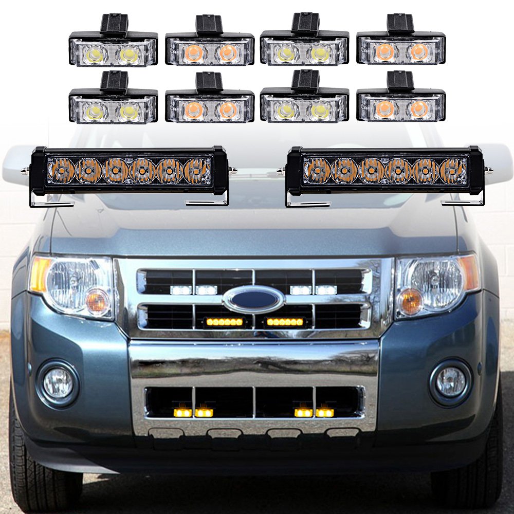 Combo 2pcs 6-LED Warning Construction Strobe Light Bar w/Brackets + 8pcs 2-LED Flashing Lamp Car Truck SUV Boat (Amber)