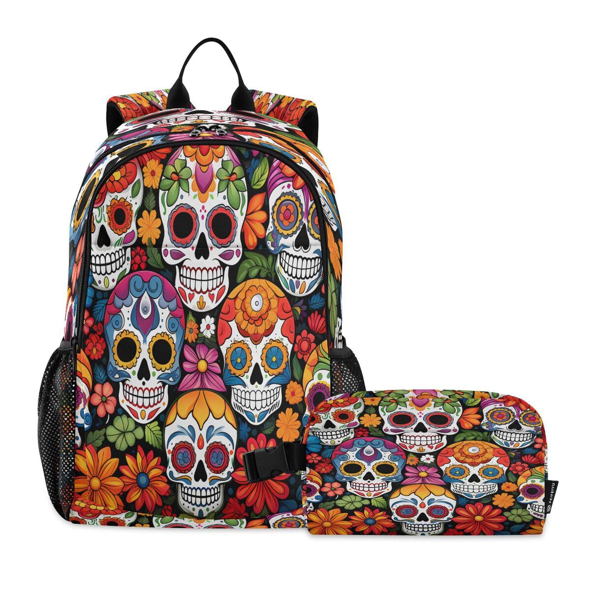 Sac à dos imprimé tête de mort et fleurs avec trousse assortie