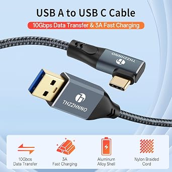 Right Angle USB C Cable 3M, 10Gbps USB 3.0 A to USB 3.1 90 Degree Lead, 90° Angled USB Type C to Type A Cable for Mobile Phone, iPad, Laptop, Steam Deck, Tablet, SSD, Monitor etc.