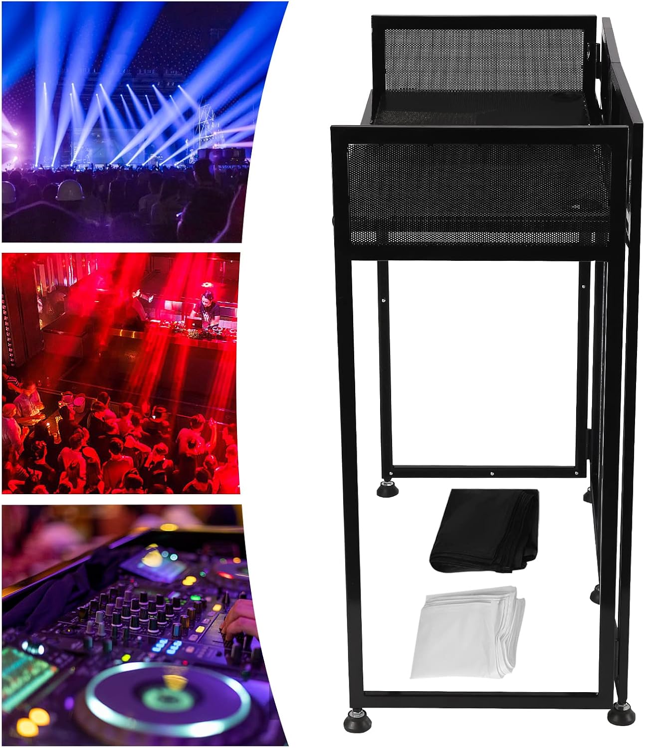 Portable DJ Event Facade, Folding DJ Booth Metal Frame 83inch x 44inch, White/Black Scrim Metal Frame Booth, Flat Table Top w/Travel Bag