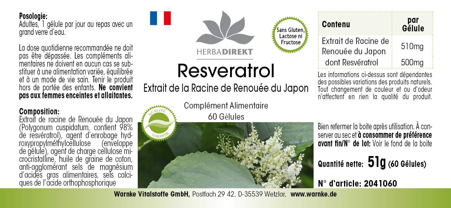 Resvératrol 500mg - extrait de la racine renouée du Japon - polygonum cuspidatum - Extrait - 60 capsules | Herba Direkt - Qualité des pharmacies allemandes