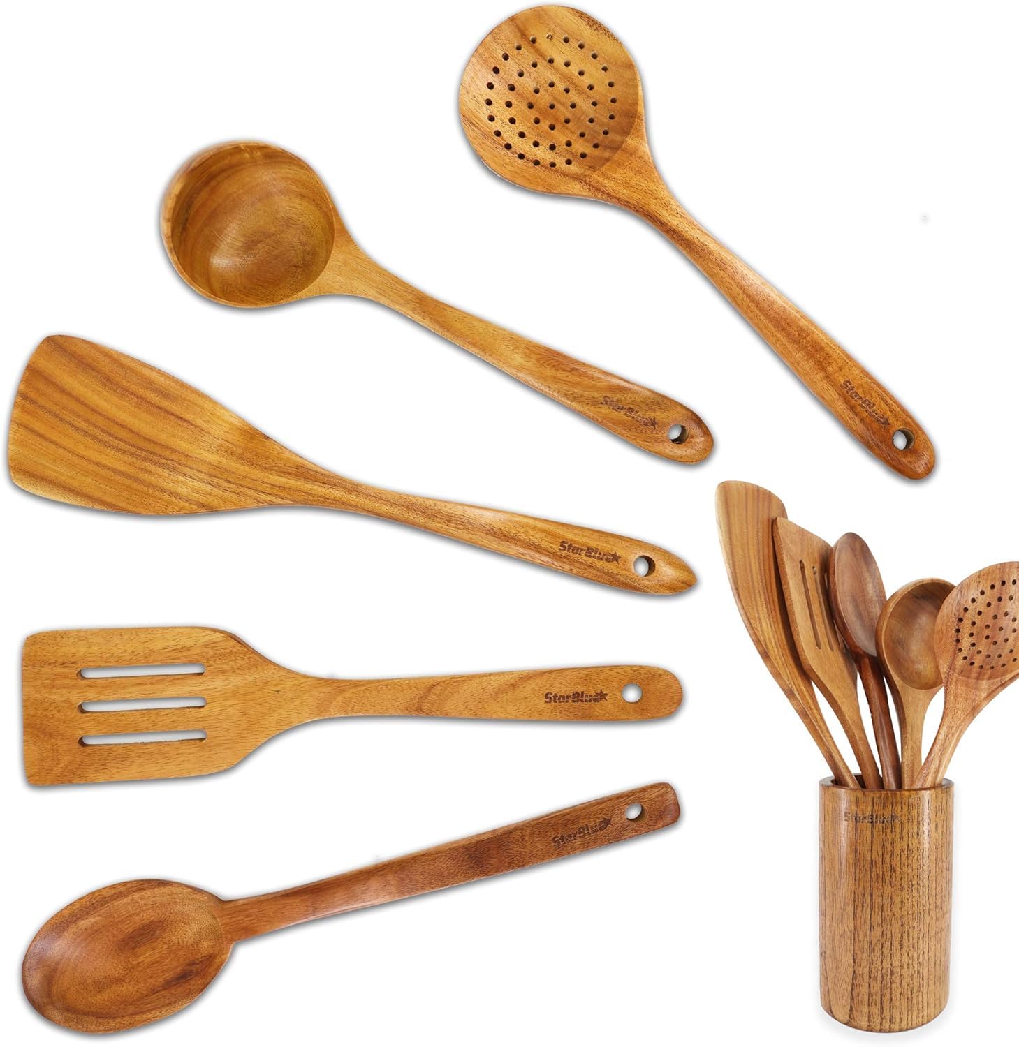 StarBlue - Set Di Utensili Da Cucina In Legno Di Acacia Da 6 Pezzi; Resistenti Spatole Antigraffio Per Pentole Antiaderenti; Set Di Spatole Ecologiche Ed Ergonomiche Con Apposito Contenitore In Legno