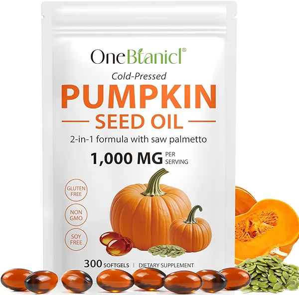 Pumpkin Seed Oil with Saw Palmetto 2-in-1 Formula 300 Softgels, Cold Pressed, Pure Virgin Oil, Supports Hair, Urinary, Bladder & Prostate Health, Non-GMO