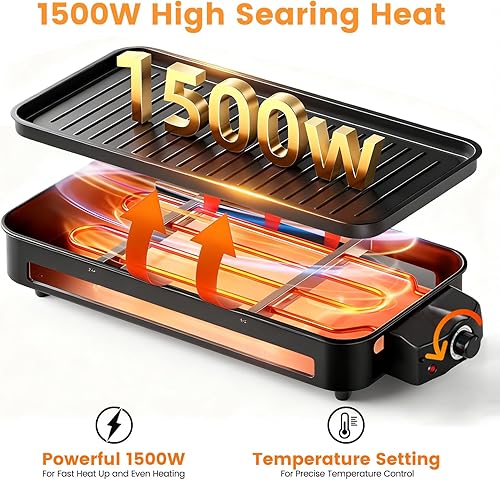 Miniatura 3 de Parrilla eléctrica 2 en 1 para interiores de 1500 W, sin humo, sin humo, con red de parrilla y placa extraíble antiadherente, parrilla coreana de