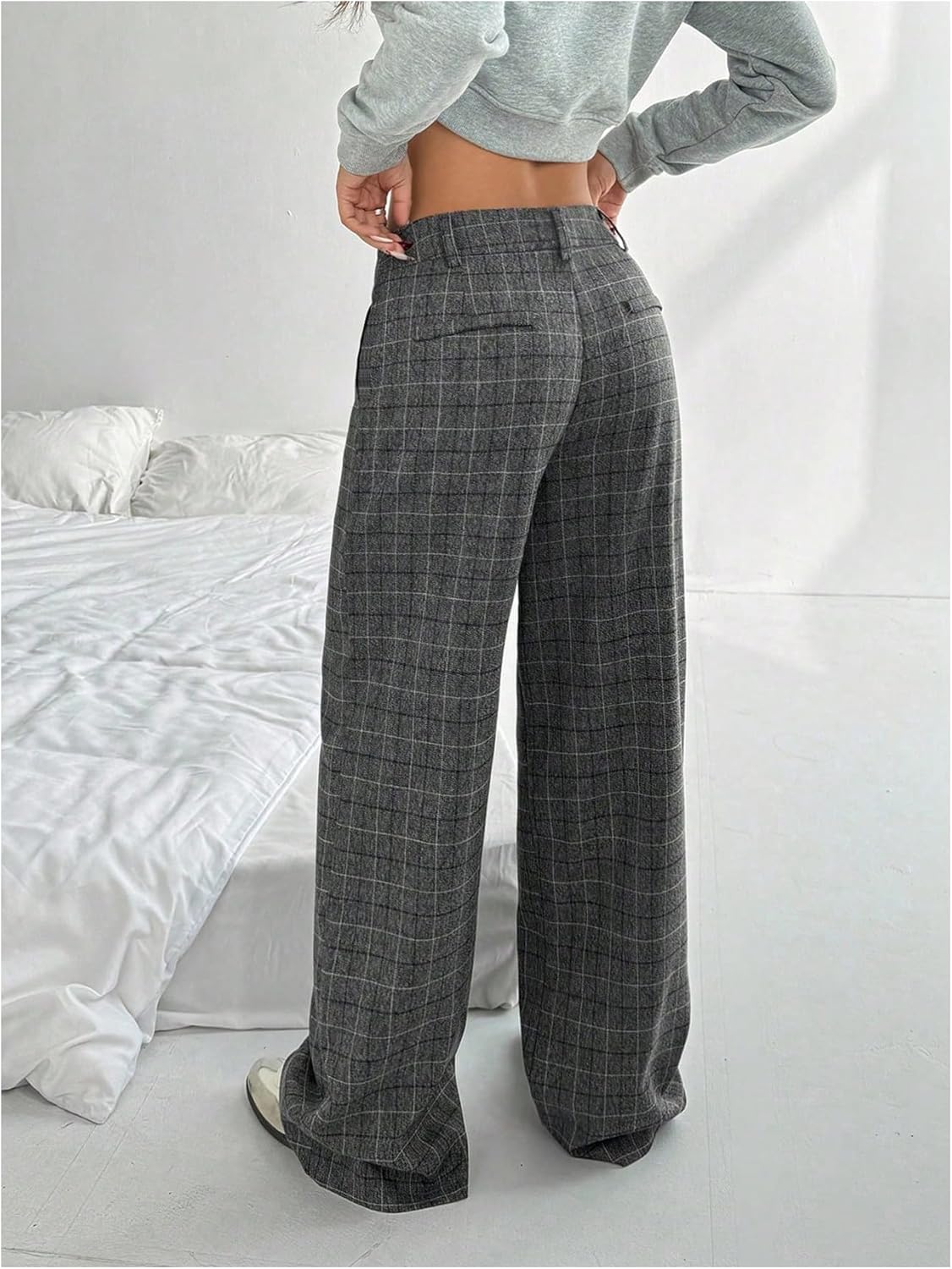 MakeMeChic Women's Plaid Wide Leg Pants Low Waist Business Trousers with Pockets - Image 2