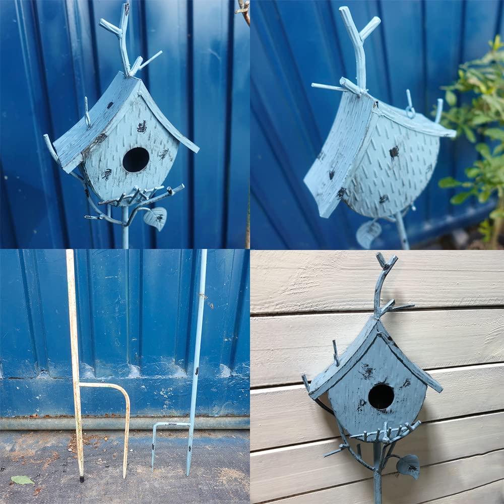 Casas de pájaros para exteriores con poste, estaca de metal para exteriores, casa rústica para pájaros en soporte de poste para decoración de casa de pájaros, decoración decorativa de jardín y patio