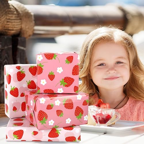 Miniatura 7 de AnyDesign - 8 hojas de papel de regalo de fresa rosa, no enrollado, papel de regalo de fruta de primavera, papel de arte a granel plegado plano para