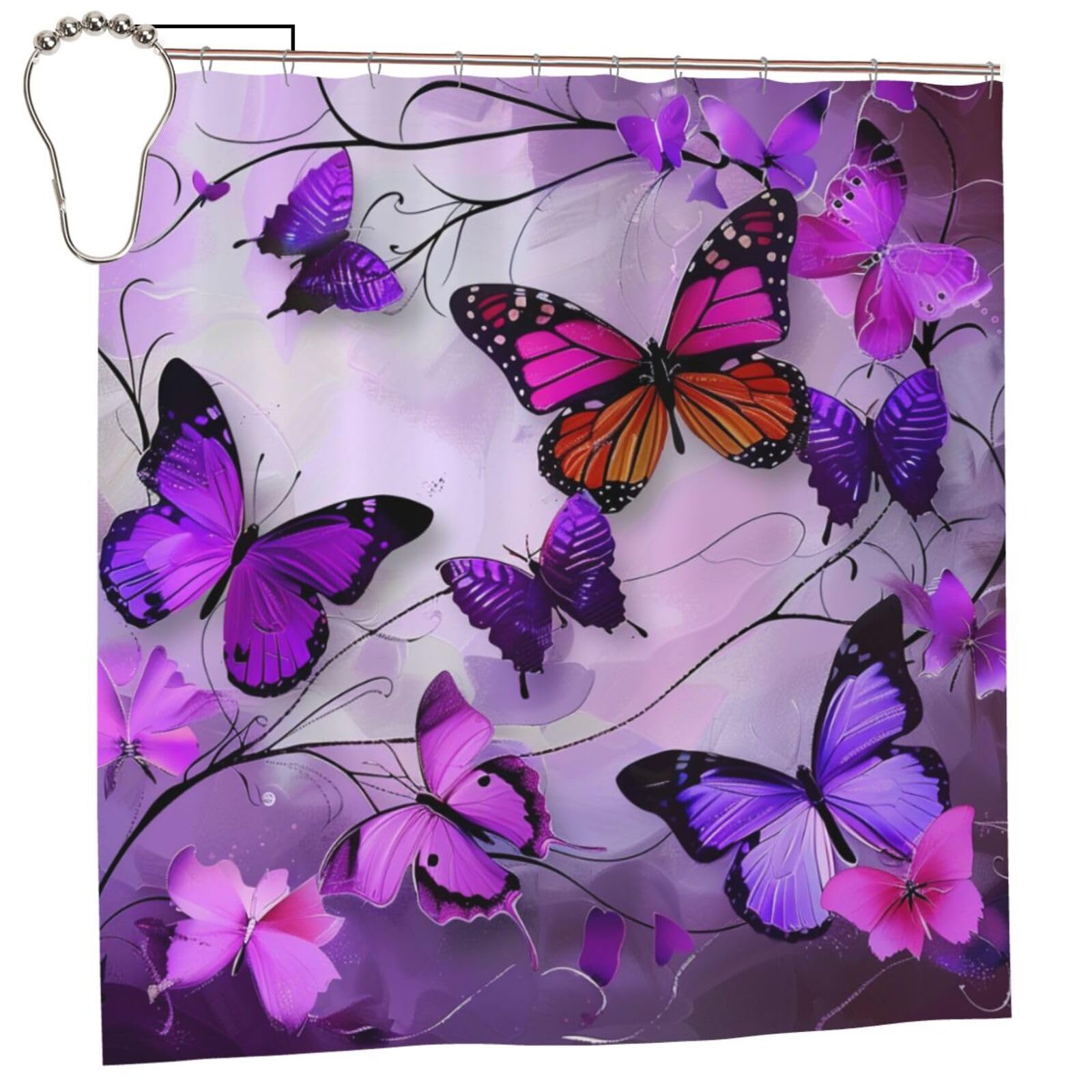 BWWHCCTI Butterflies Printed Shower Curtain With 12 Iron Hooks Opaque Quick Drying Waterproof Shower Curtains Sets For Bathroom 183x183 CM
