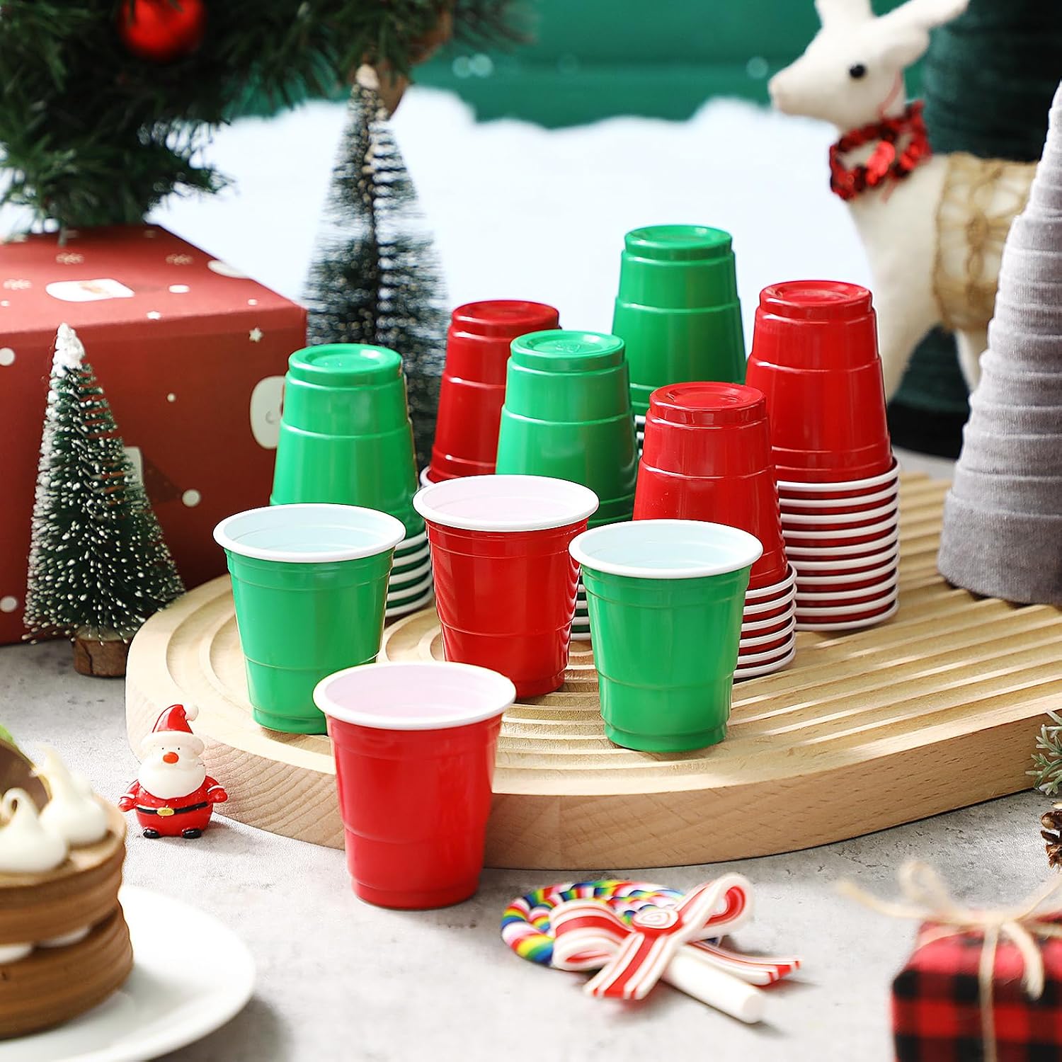 LemonRoad 50 Count 2 oz Christmas Mini Disposable Cups Plastic Shot Glasses for Party Red and Green Drinking Cups for Christmas Beverage Winter Holiday Camping Picnic Supply