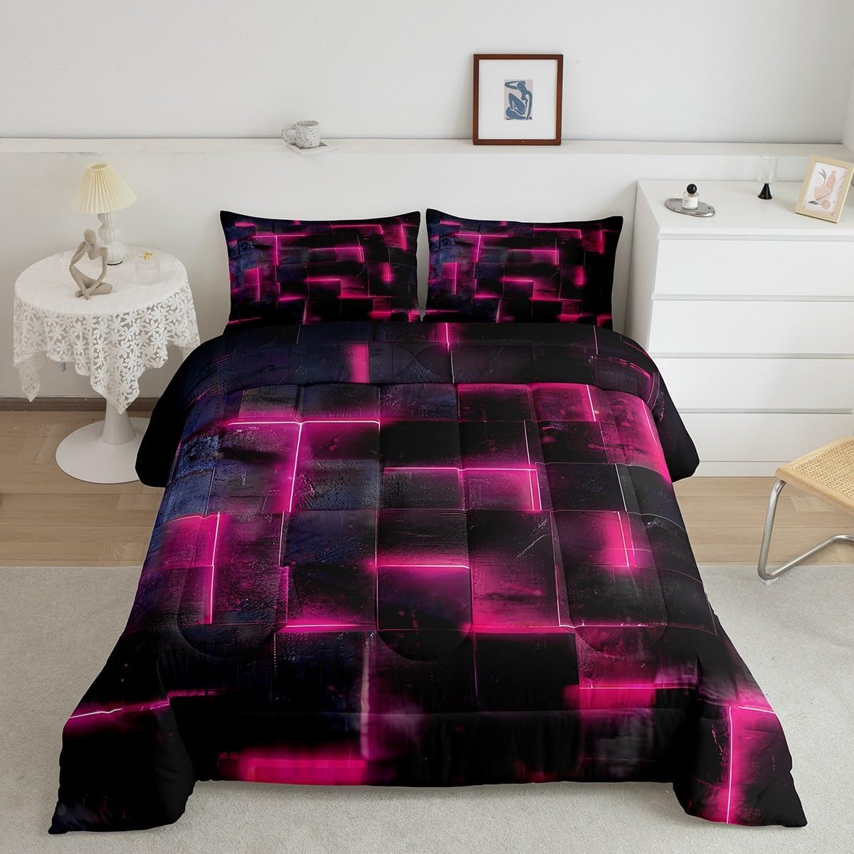 Erosebridal Hot Pink and Black Geometric Comforter Set Full,3D Square Plaid Bedding Set for Girls Women,Glowing Neon Comforter Set Reversible Soft,Abstract Checkered Quilt Bed Set 3Pcs