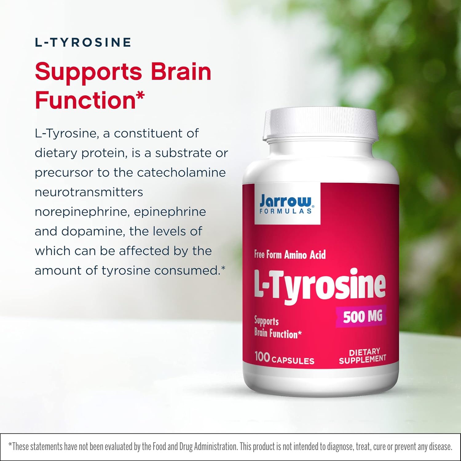 Jarrow Formulas L-Tyrosine 500 mg - 100 Capsules, Pack of 2 - Supports Brain Function - Brain Neurotransmitter Precursor - Contains Pure Crystalline L-Tyrosine - 200 Total Servings