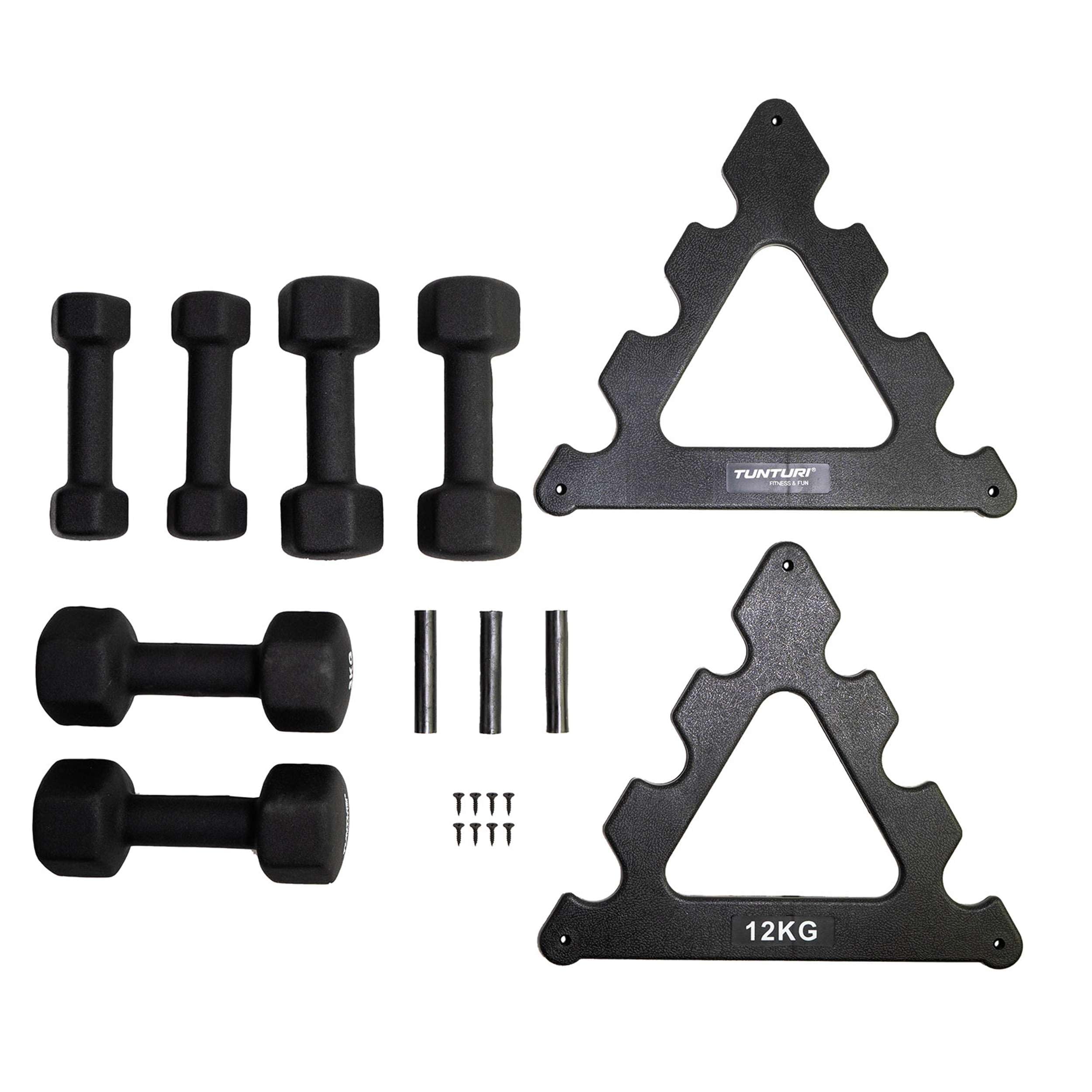 Tunturi 6er Set Kurzhanteln mit Rack, Hantelset mit je 2 x 1 kg, 2 kg, 3 kg, Kurzhantelset, Hanteln aus Gusseisen