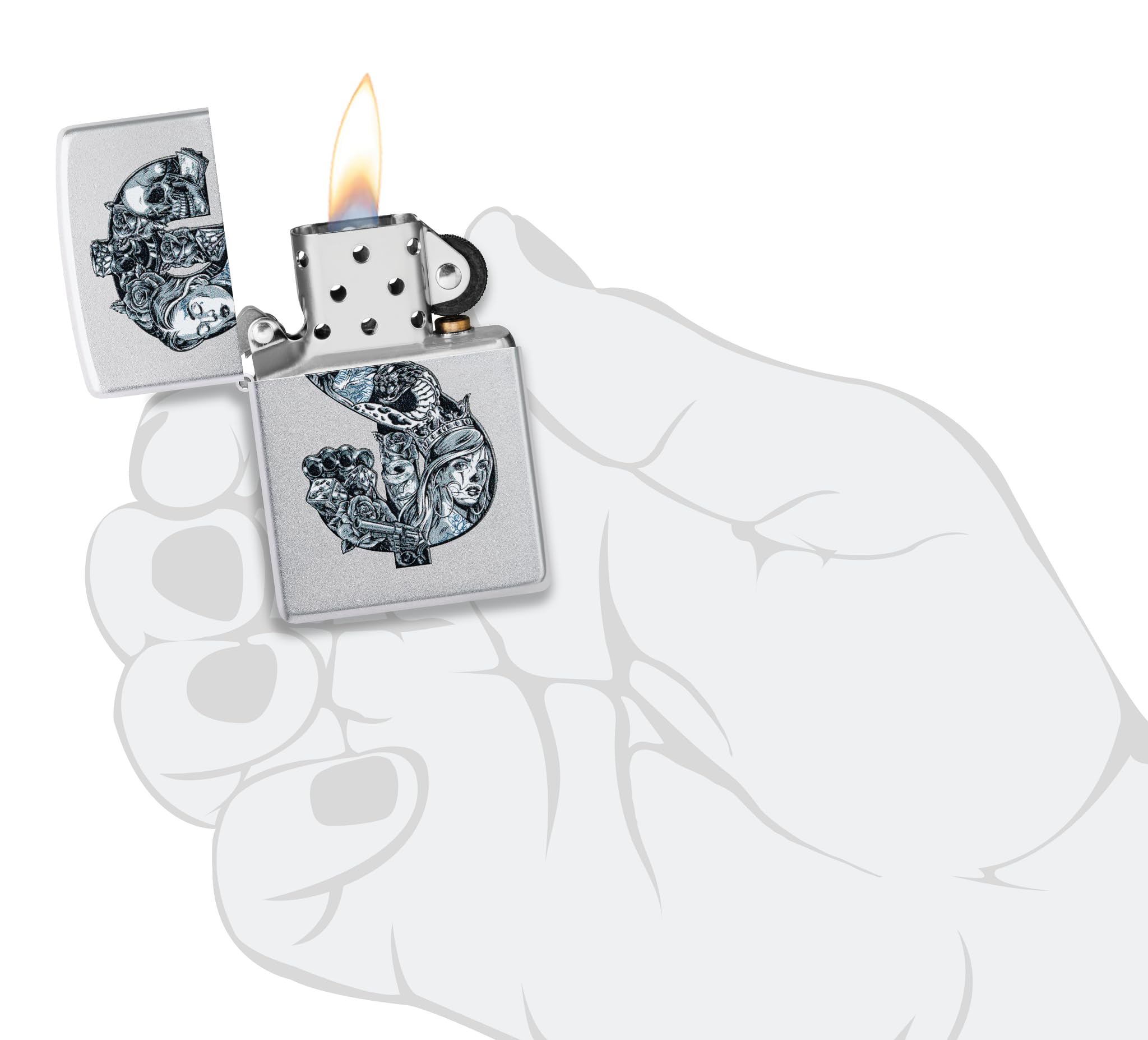 Zippo Tattoo Dollar Zapalniczka Sztormowa, Kolorowy Nadruk, do Napełniania, Wielokrotnego Użytku, Wiatroodporna Konstrukcja, Pudełko na Prezent, Wykonano w USA, Kolor Satynowy Chrom