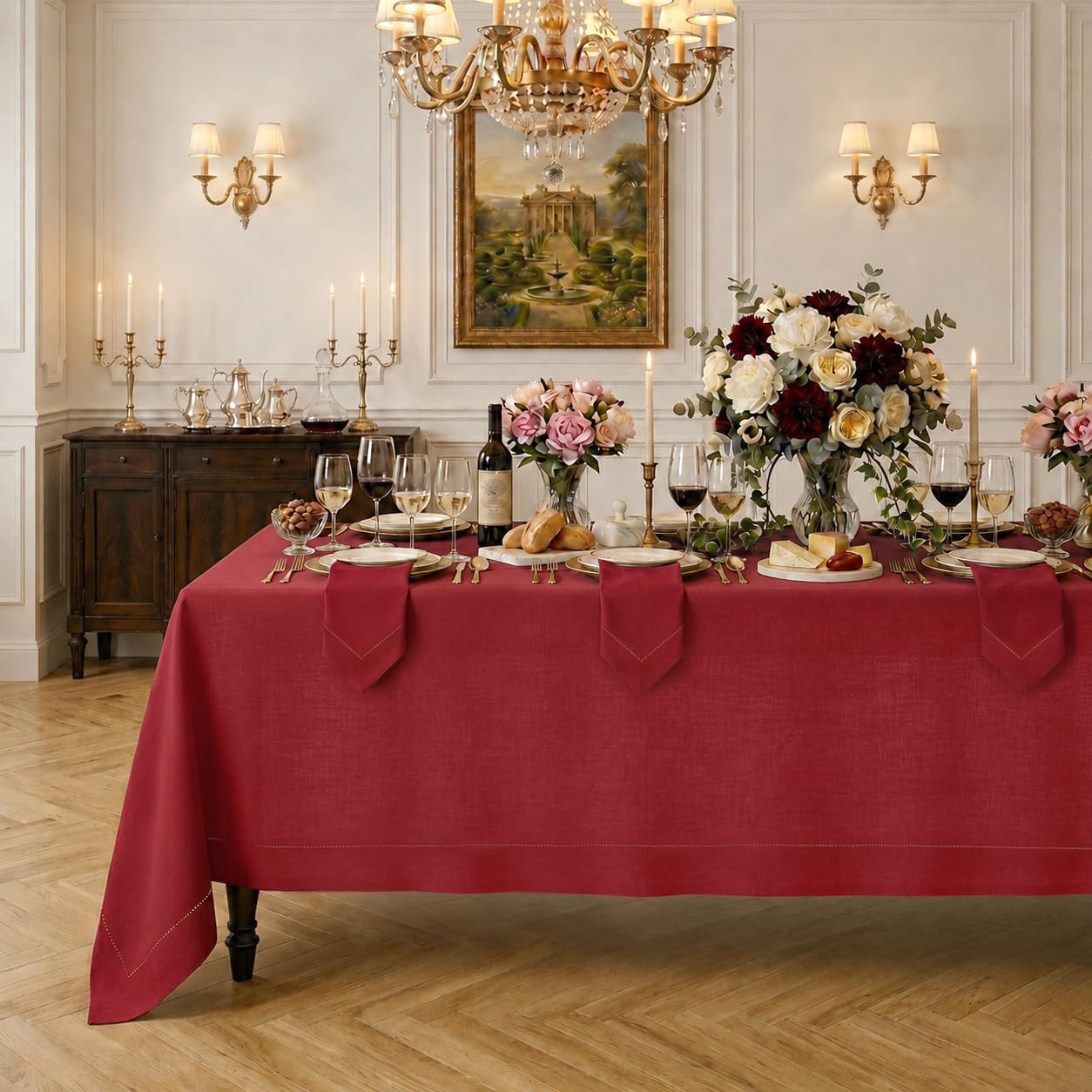 Signature Linen™ by D'Moksha Red Tablecloth, Dining Tablecloth 150 x 270 cm, 100% Pure Linen, Hemstitch, Machine Washable Table Cloth for Dining- Summer