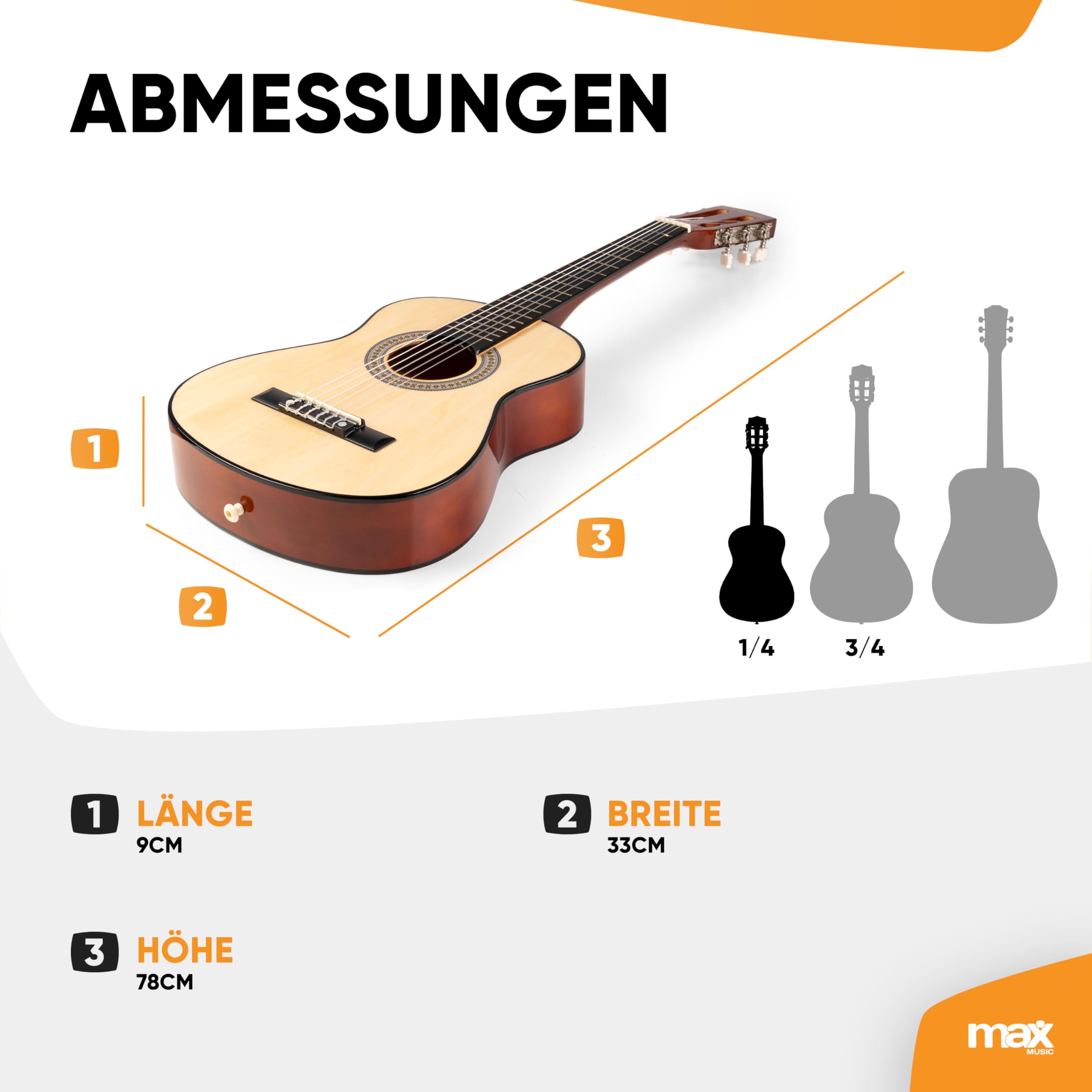 MAX SoloArt - 1/4 Gitarre Kinder ab 3 Jahre - Akustik Gitarre inkl. Gitarrenständer, Tasche, Plektrum, Gurt und Saiten-Zubehör, Kindergitarre 3 Jahre - Guitar in Holz