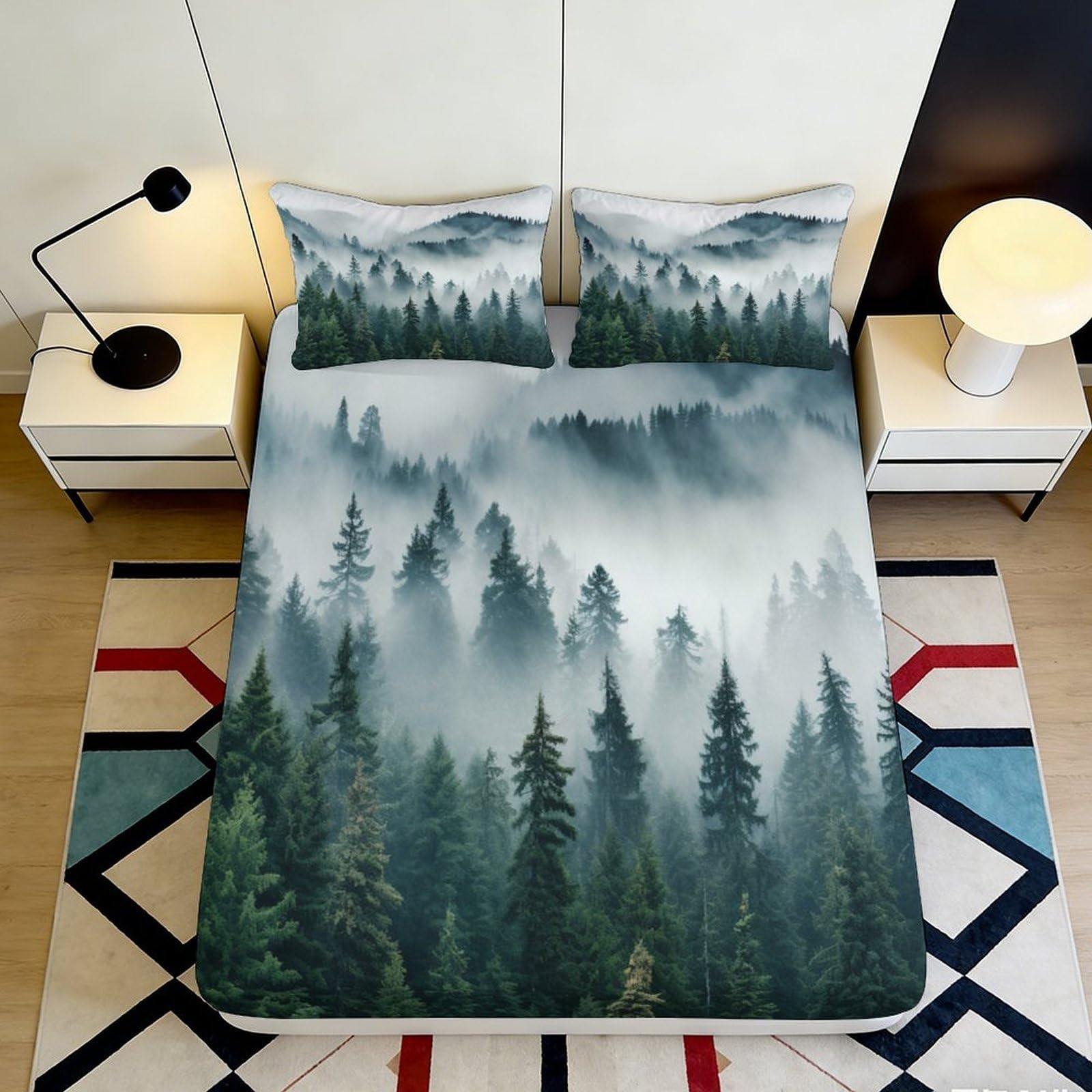 3D Printed Misty Pine Forest Fitted Sheet Microfiber Soft Green Nature Landscape Mattress Cover for Bedroom Guest Room 140x200x25cm