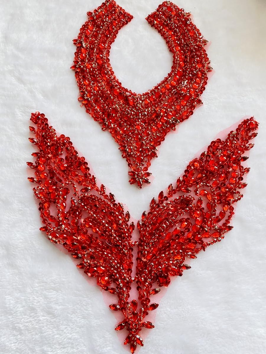 BDACY. HCMY Handsewing Rhinestones Beads Applique for Dress Clothing Neckline and Chest Trim sew on Shining Crystal Sequins lace Patches one Set/Bag 9.4X13.7in (Red)