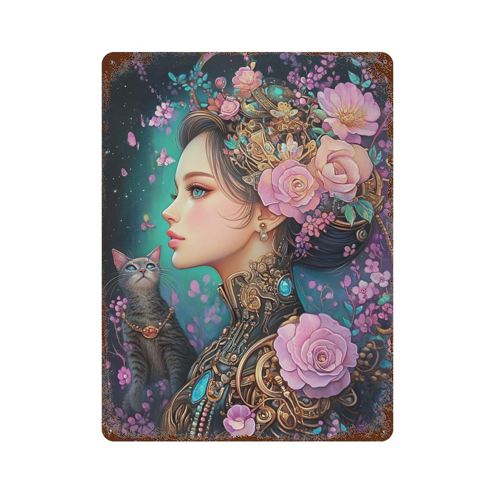 Rusty Metal Tin Sign with Steampunk Woman with Cat-2 Design 15.7"x11.8", for Farmhouse, Kitchen And Entryway Decor, Classic Wall Plaque