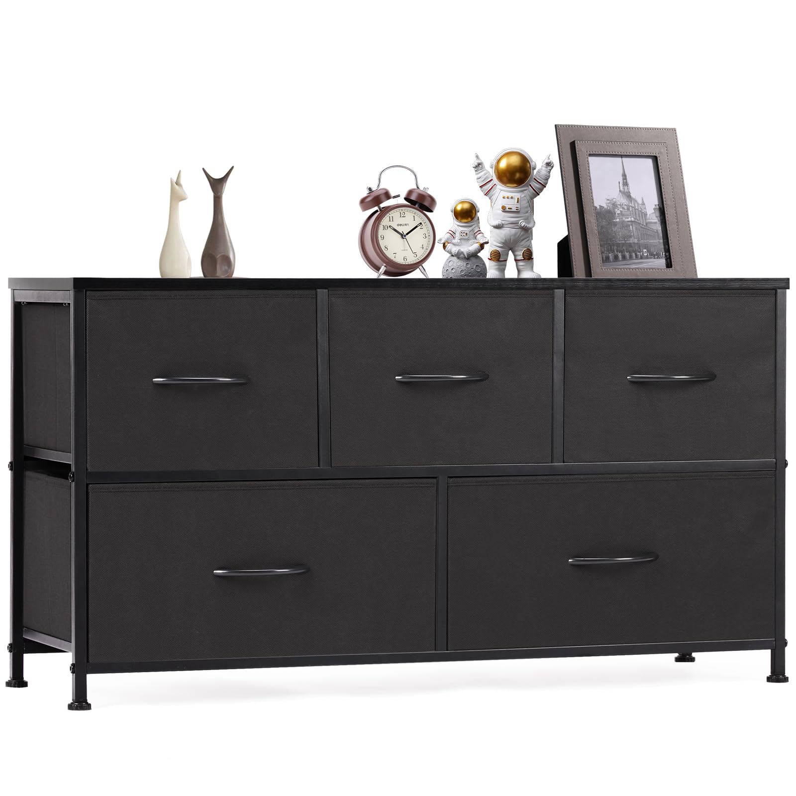 OLIXIS 5 Drawers Dresser for Bedroom, Fabric Storage Tower for Living Room, Entryway, Sturdy Steel Frame, Wooden Top & Easy Pull Fabric Bins