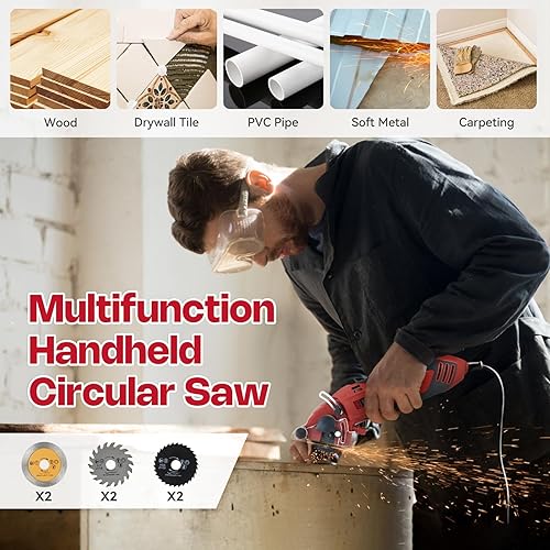 Miniatura 2 de Sierra circular mini con cable, 400W 110V 3400RPM multifunción manual con 6 hojas, profundidad máxima de corte  pulgada, sierra circular compacta
