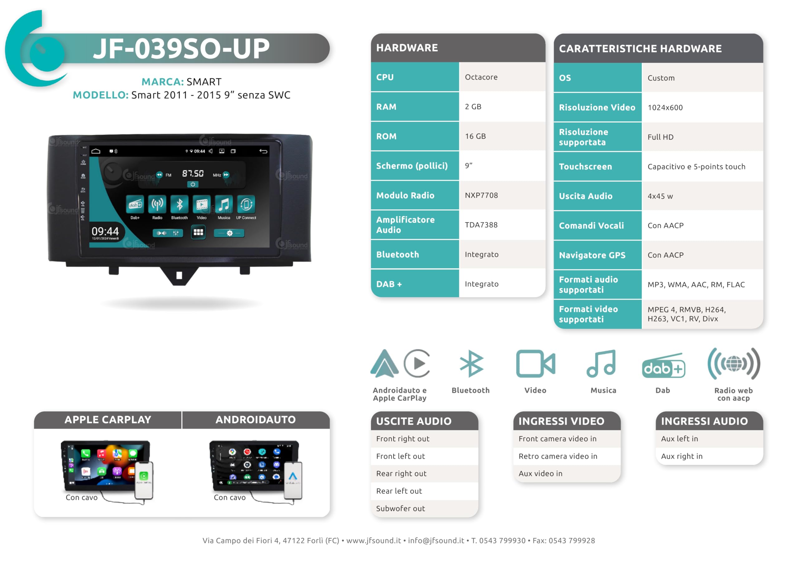 Autoradio Android JF-039SO-UP compatibile con SMART FORTWO 451 2011-2015 | CarPlay e Android Auto | GPS | DAB+ |9 pollici HD | Prodotto in Italia