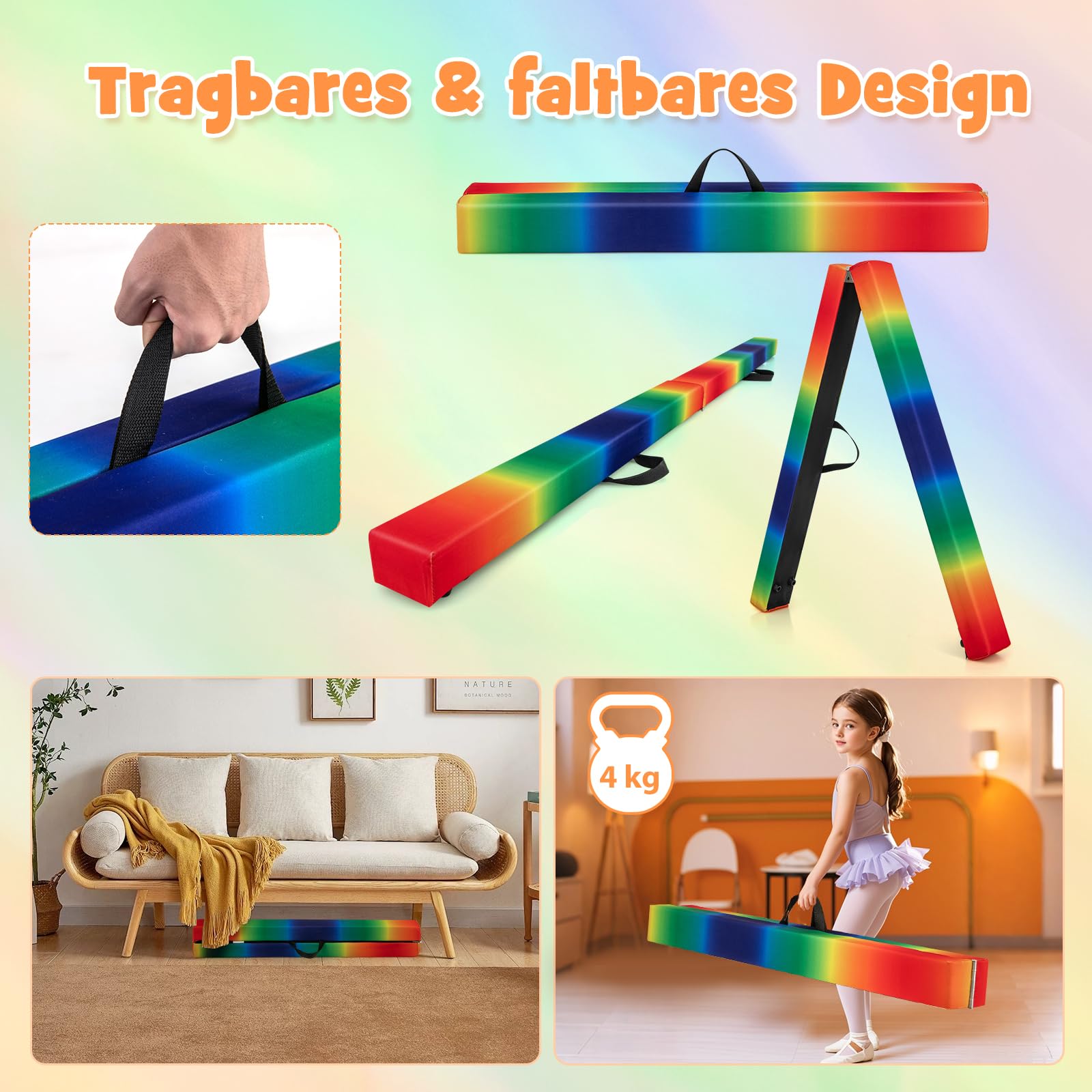 GYMAX Viga de Gimnasia Plegable de 210/240/270 cm, Barra de Equilibrio con Base Antideslizante, Marco de Madera de Pino, Asa para Transportar, Espuma Extra Firme, para Niños
