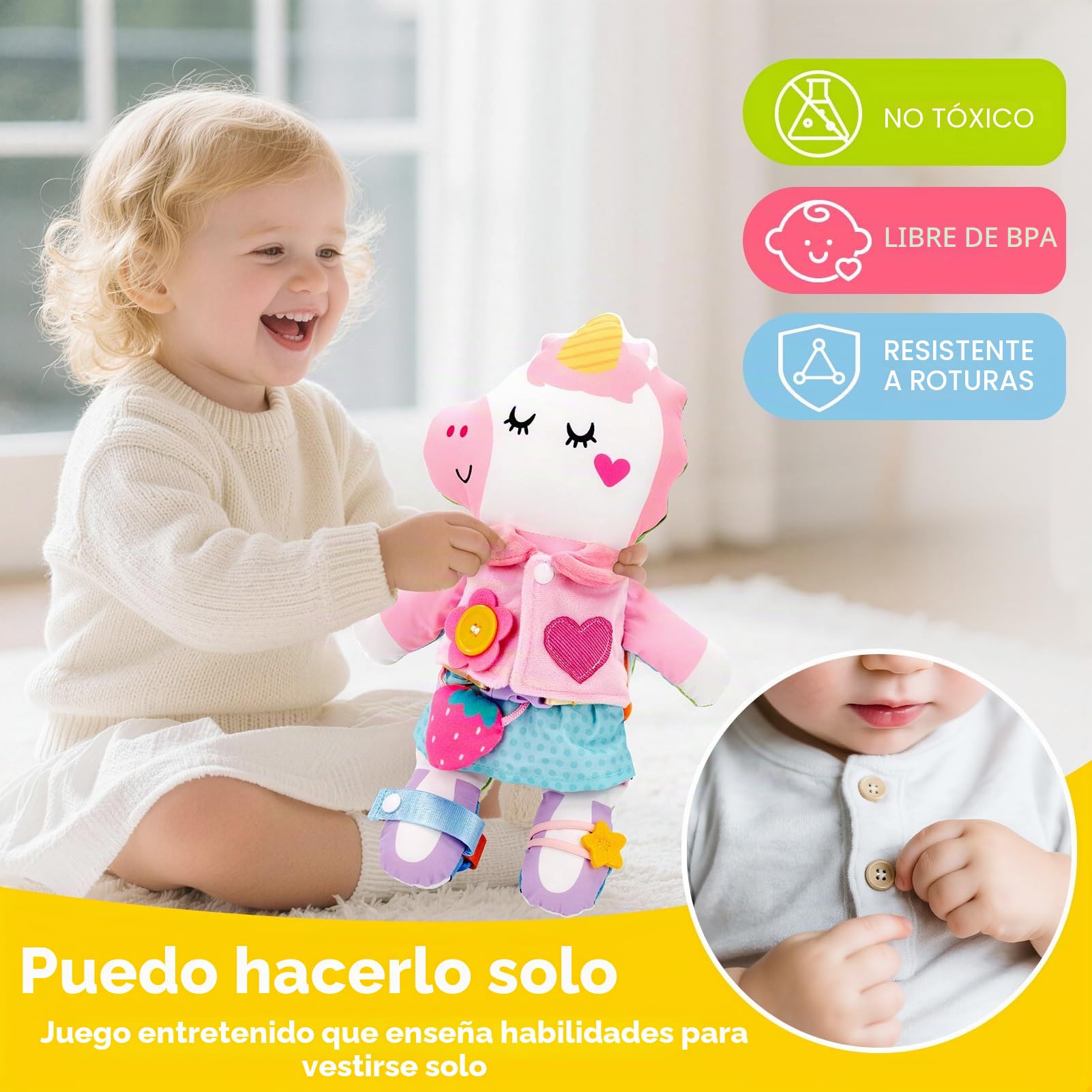 hahaland 2 en 1 Dino & Unicornios Muñeca de Peluche Montessori 1 2 años | Juguetes Interactivo para Vestir, Muñeca Niña, STEM Educativos, Regalos Niña Niños 2 años