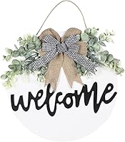 Sattiyrch Rustic Round Wood Welcome Sign for Front Door - Farmhouse Porch Hanging Decor with Greenery & Plaid Bow (White)
