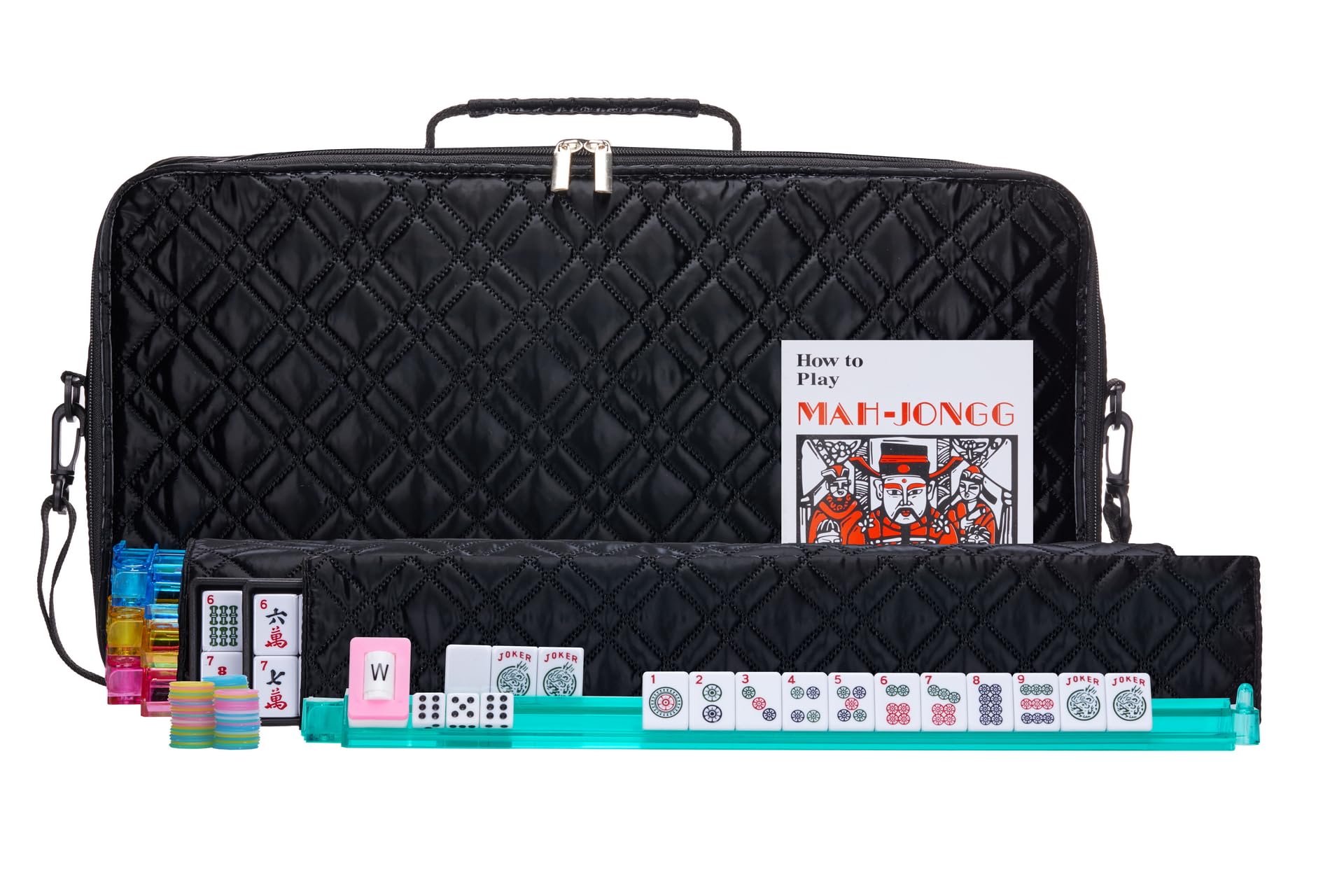 American Mahjong Set “Black - Quilted PU Leather Carrying Bag with Shoulder Strap & Handles, All-in-One Tile Racks with Pushers, 166 Engraved Tiles, Dice, Bettor, Extra Tiles & Instructions