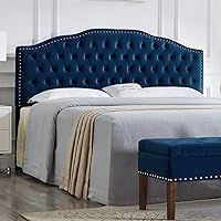 WEMARTHOMEDECOR 24KF Navy Velvet Tufted King Headboard with Nailhead Trim - Luxe Upholstered Cal King Bed Headboard