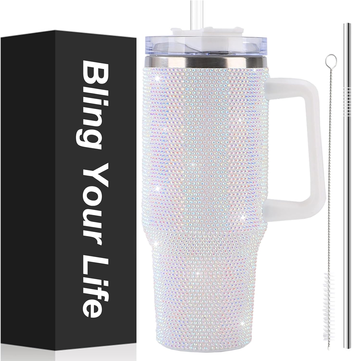 40oz Rhinestone Bling Tumbler with Handle and 2 Straw,Glitter Travel Mug with Lid,Rhinestone Water Bottle,Diamond Vacuum Insulated Stainless Steel Cup for Girls Women (White)