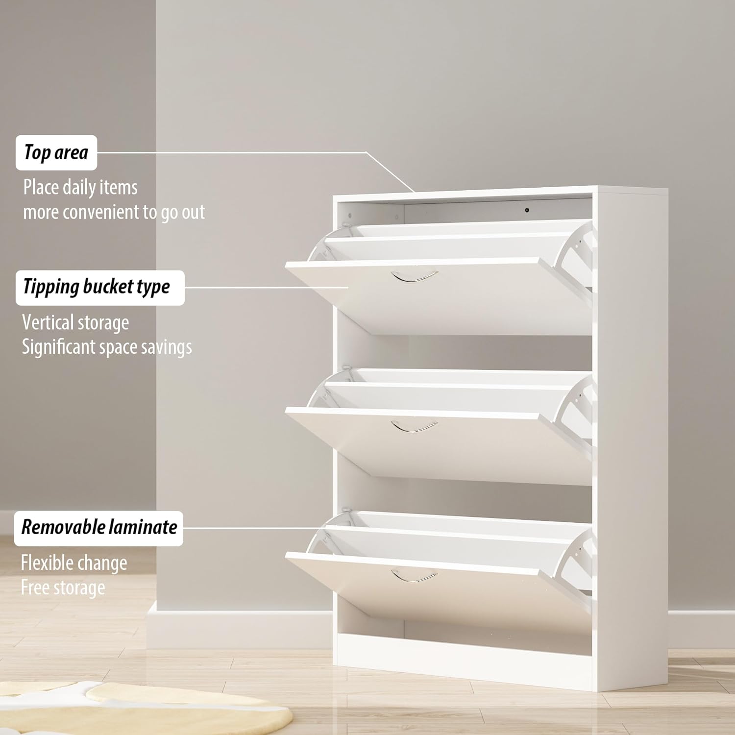 Shoe Cabinet with 3 Flip Drawers, Shoe Storage Organizer with 2-Tier Shelf, Freestanding Shoe Rack for Entryway Hallway, Living Room, White