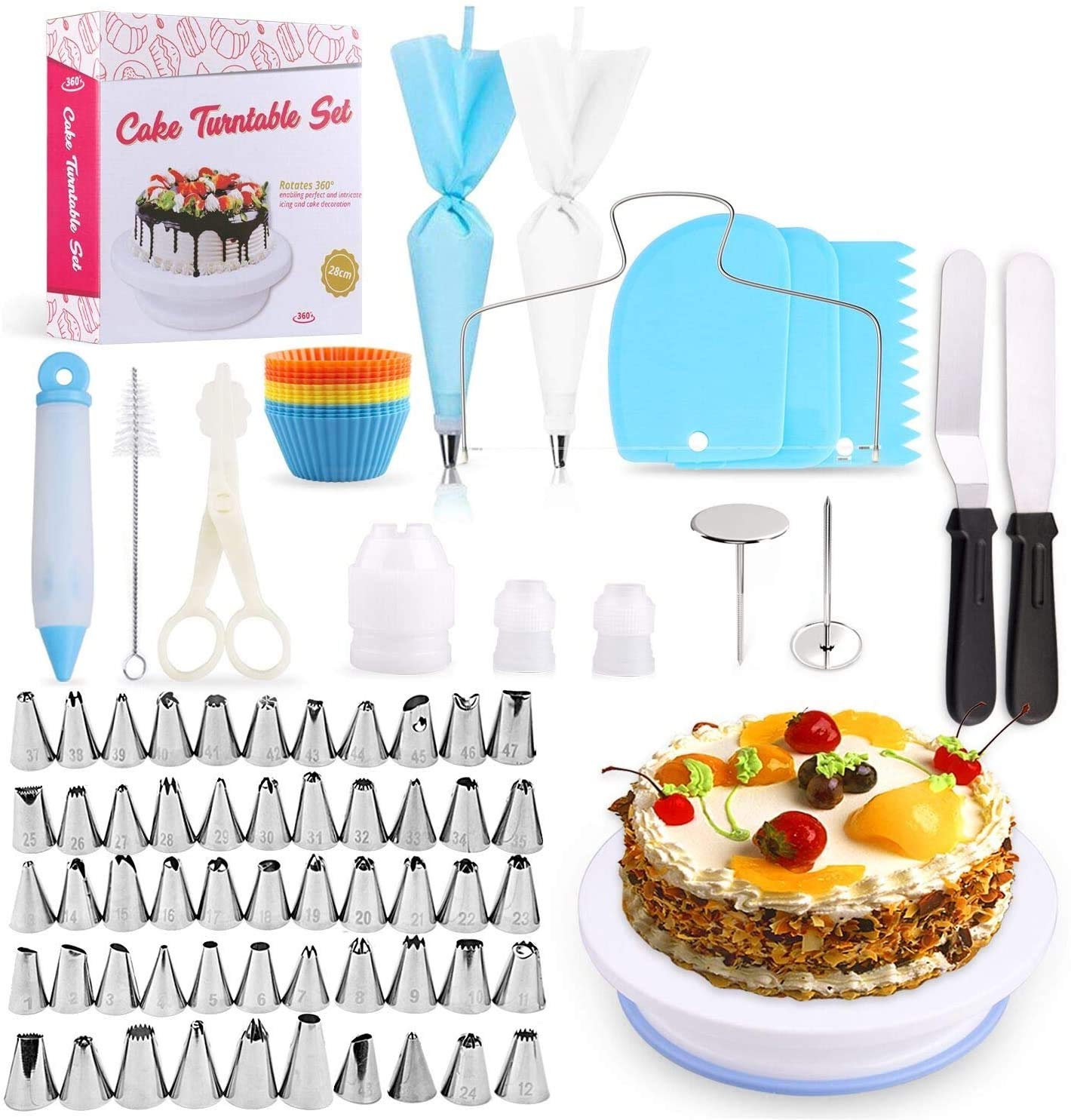 Kit de decoración de Tartas,106 Piezas de Suministros para decoración de Tartas para Hornear Soporte Giratorio Antideslizante, Bocas de Jacquard Reutilizables, Herramientas de pastelería