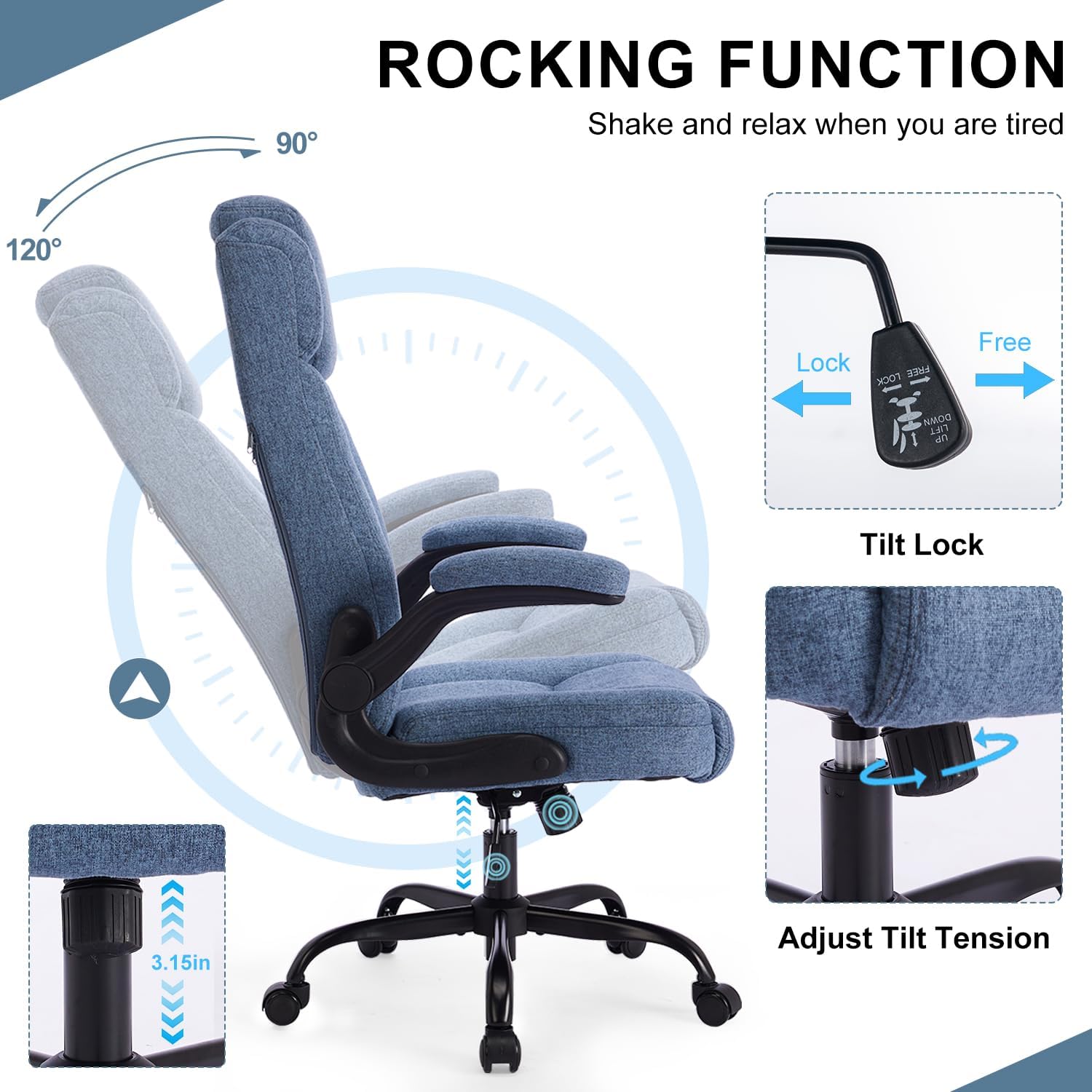 High Back Executive Office Chair, Comfy Fabric Desk Chair with Adjustable Headrest, Big and Tall Office Chair,Computer Task Chair with Flip-up Armrests,120° Tilt Rock Function,Lumbar Support