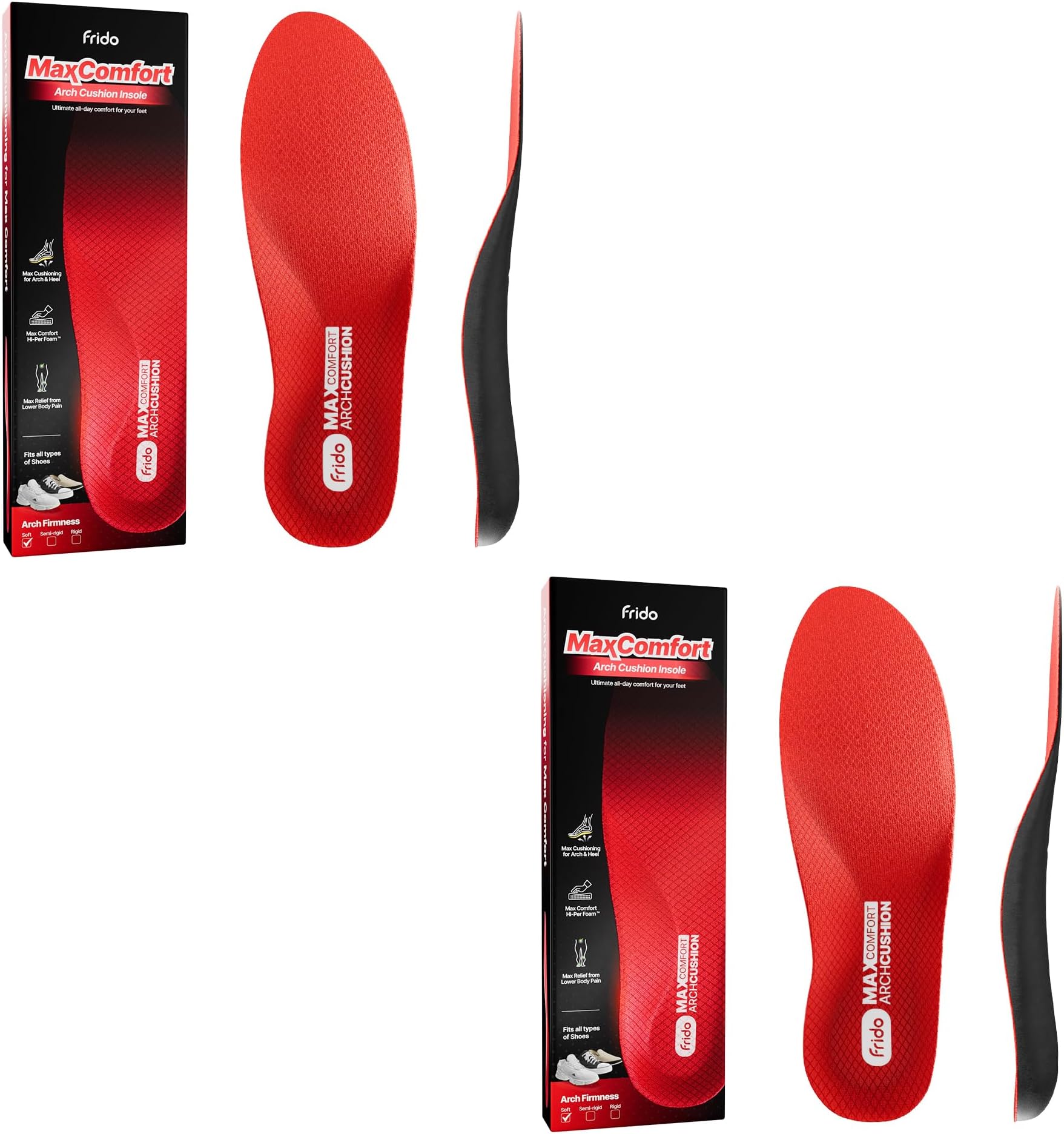 Frido Max Comfort Arch Cushion Insole | Relieves Arch Pain | Memory Foam Orthotic Inserts with Deep Heel Cup for Enhanced Stability | Sports & Casual Shoe Insert | Large (8-11 UK) Set of 2