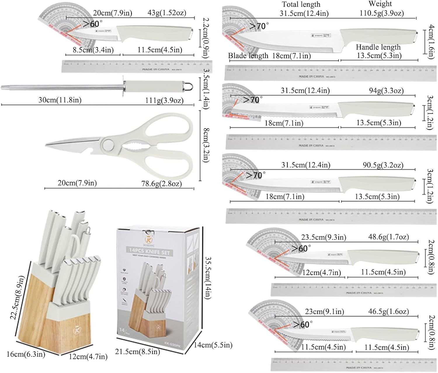 Knife Set, 14-Piece Kitchen Knife Block Set Dishwasher Safe with Wood Block and Sharpener,Non Stick Sharp Stainless Steel Chef Knife Sets,Gift for Cooking Women