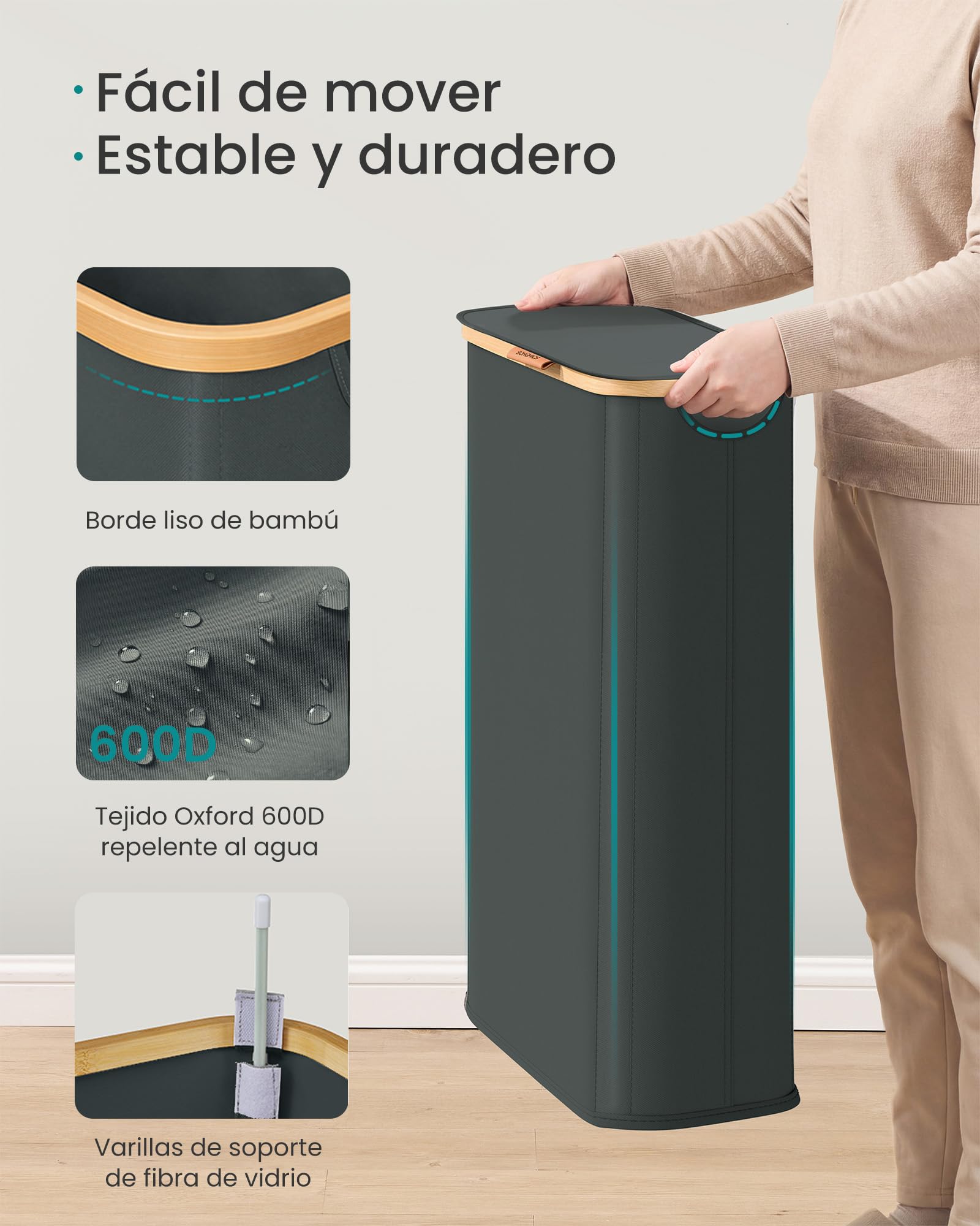 SONGMICS Cesto de Ropa con Tapa, Recogedor de Colada Estrecho, Tejido de Oxford, Plegable, Marco de Bambú, Lavadero, Dormitorio y Salón, 70 L, 42 x 22,5 x 70,5 cm, Gris Pizarra LCB517GN01 — view 5