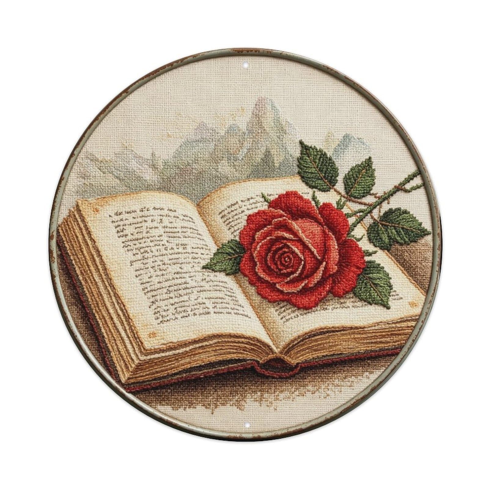 Vintage Book & Rose Embroidery Metal Tin Sign Plaque