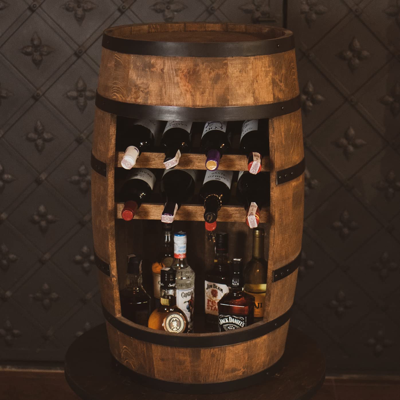 CREATIVE COOPER Weinregal Holz - Weinschrank Mini Bar - Weinschrank Mann und Frau - Barschrank mit LED-Leuchten - 80cm hoch - Retro deko Bar Regal - Hausbar Theke - Fassmöbel (Wenge)