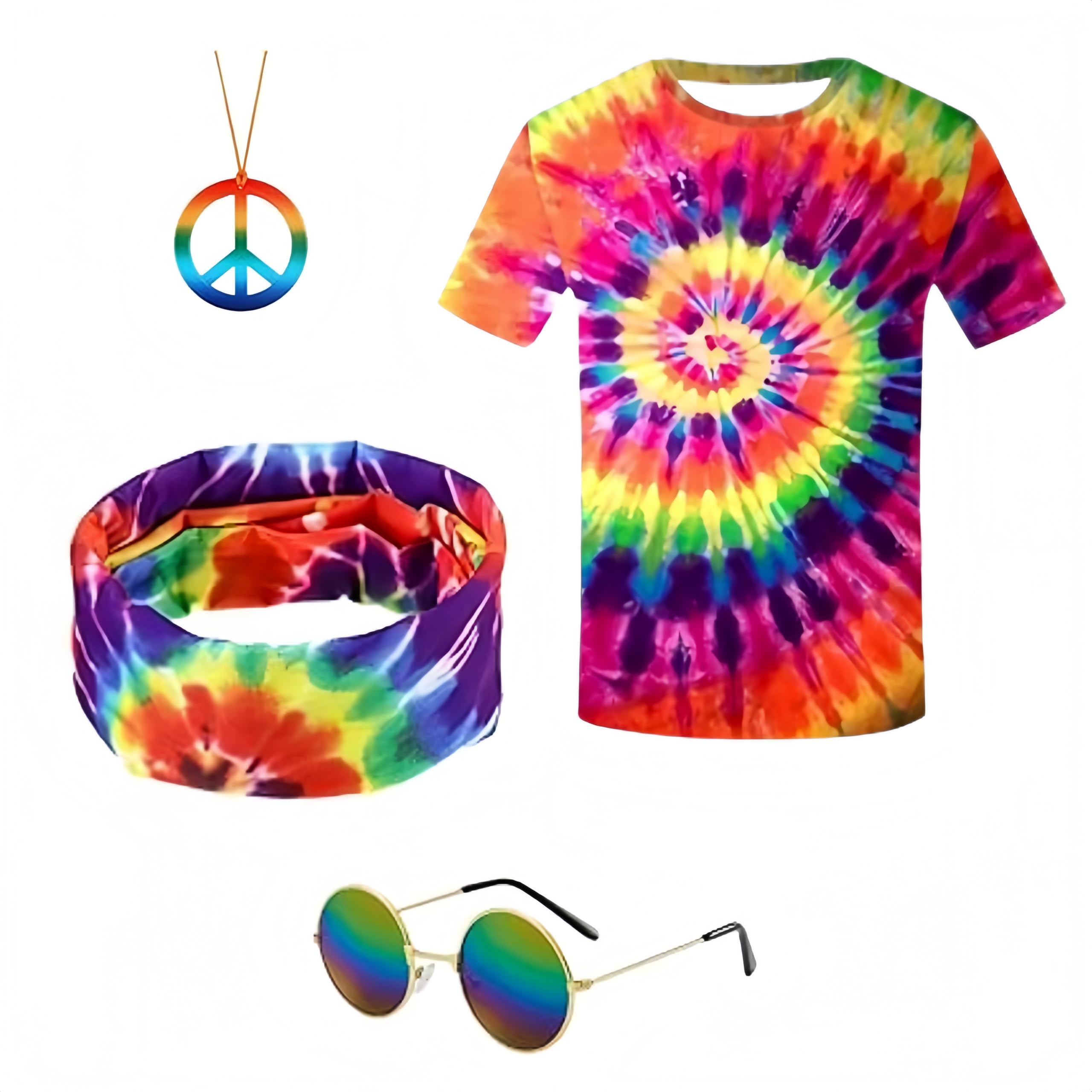4 Pcs Hippie Costumes T-Shirt, Sunglasses Peace Necklace Headband, Mens Womens Pop Hippie 70s Disco Rock Star Party, 1980s Fancy Dress for Retro Theme Party Cosplay Dress Up (Colorful)