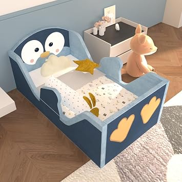 weeonekids Toddler Beds, Child Bed for Kids with Extra Safty Broad, Standard Crib Size Animal Toddler Bed, Certified Fabric Toddler Beds,Toddler Floor Beds Penuins