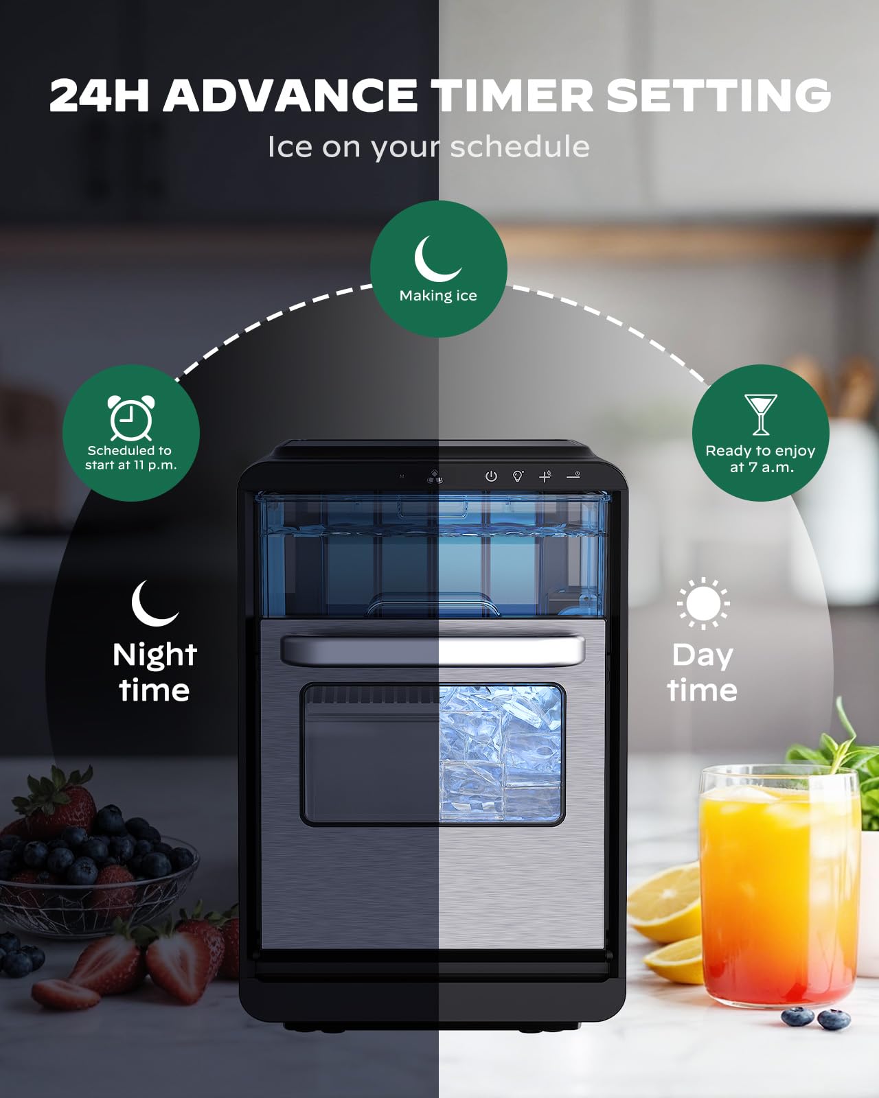 Silonn Crescent Ice Maker Countertop, Slow Melting & Crystal-Clear Ice, Self-Cleaning Ice Machine With Adjustable Ice Thickness & Timer Function, 16 Pcs In 15 Mins, 2000 Pcs Per Day on Fridge.com - View 5