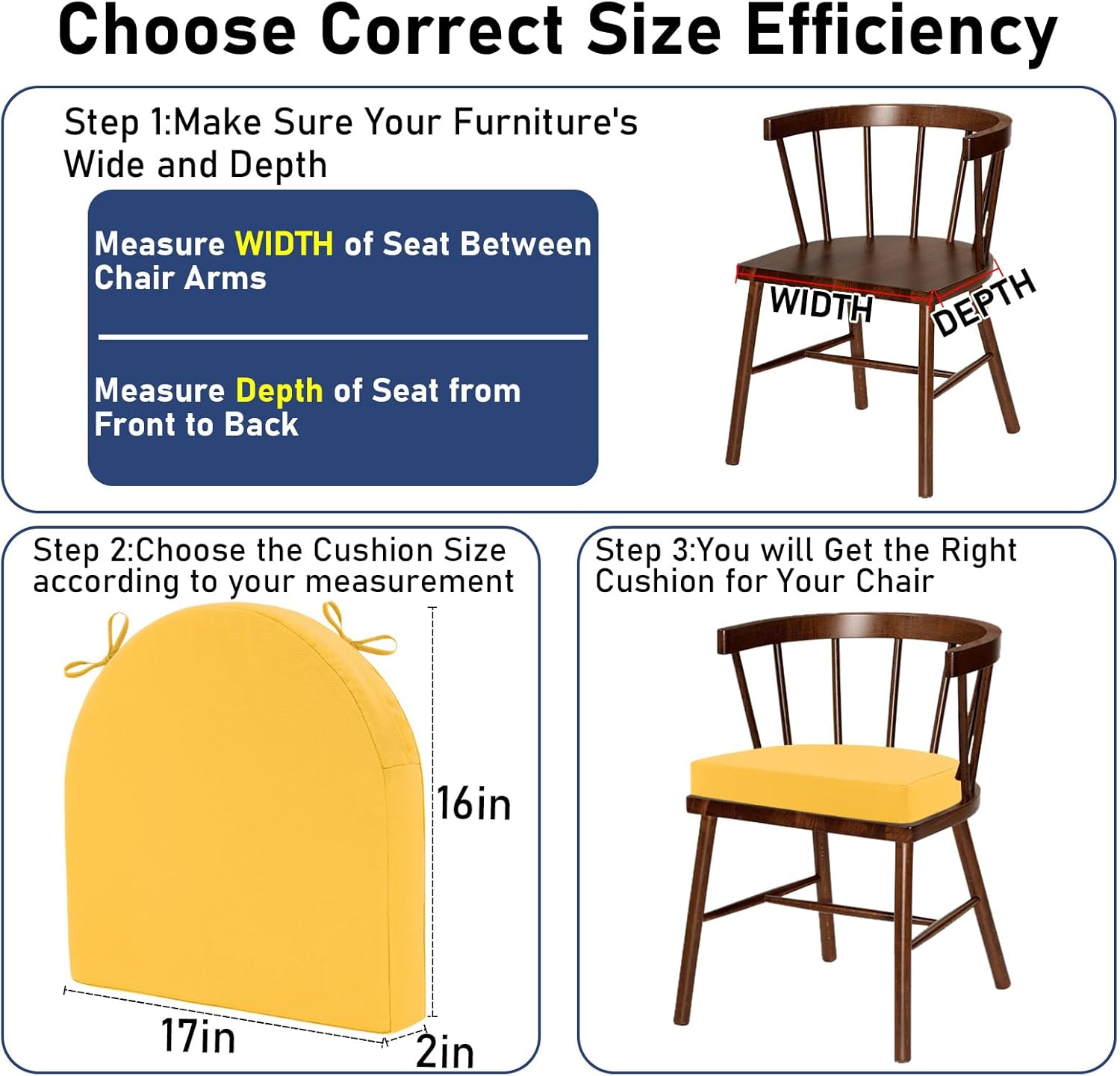 Topotdor Outdoor Chair Cushions Set of 2, 17"x16"x2" Waterproof Patio Chair Cushions for Outdoor Furniture, Round Corner Outdoor Seat Cushions Color Fastness Chair Pads with Ties, Yellow