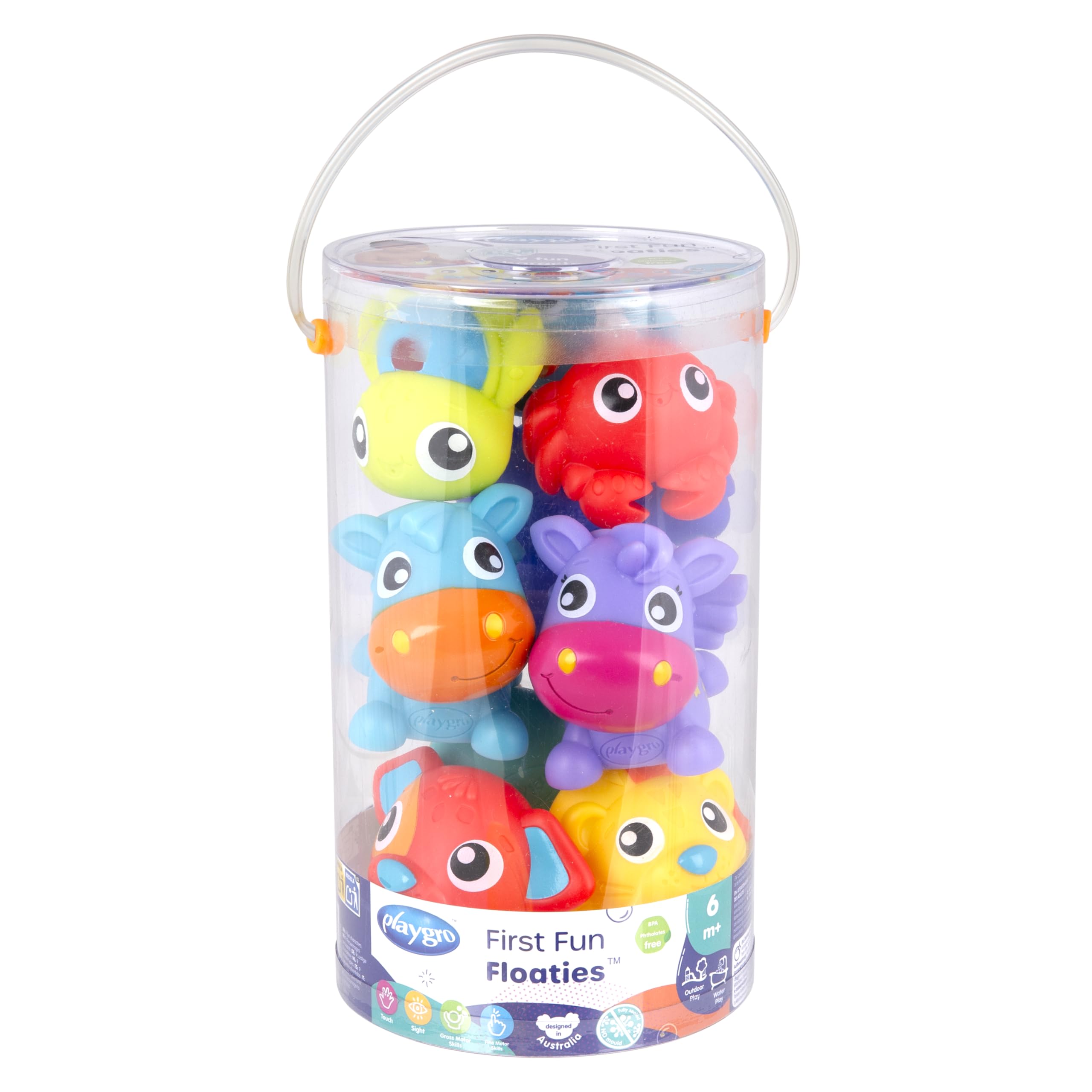 Playgro First Fun Floaties Pack, w pełni uszczelniony, atrakcyjna zabawka do kąpieli dla niemowląt do rozwoju sensorycznego i zabawy, ponad 6 miesięcy