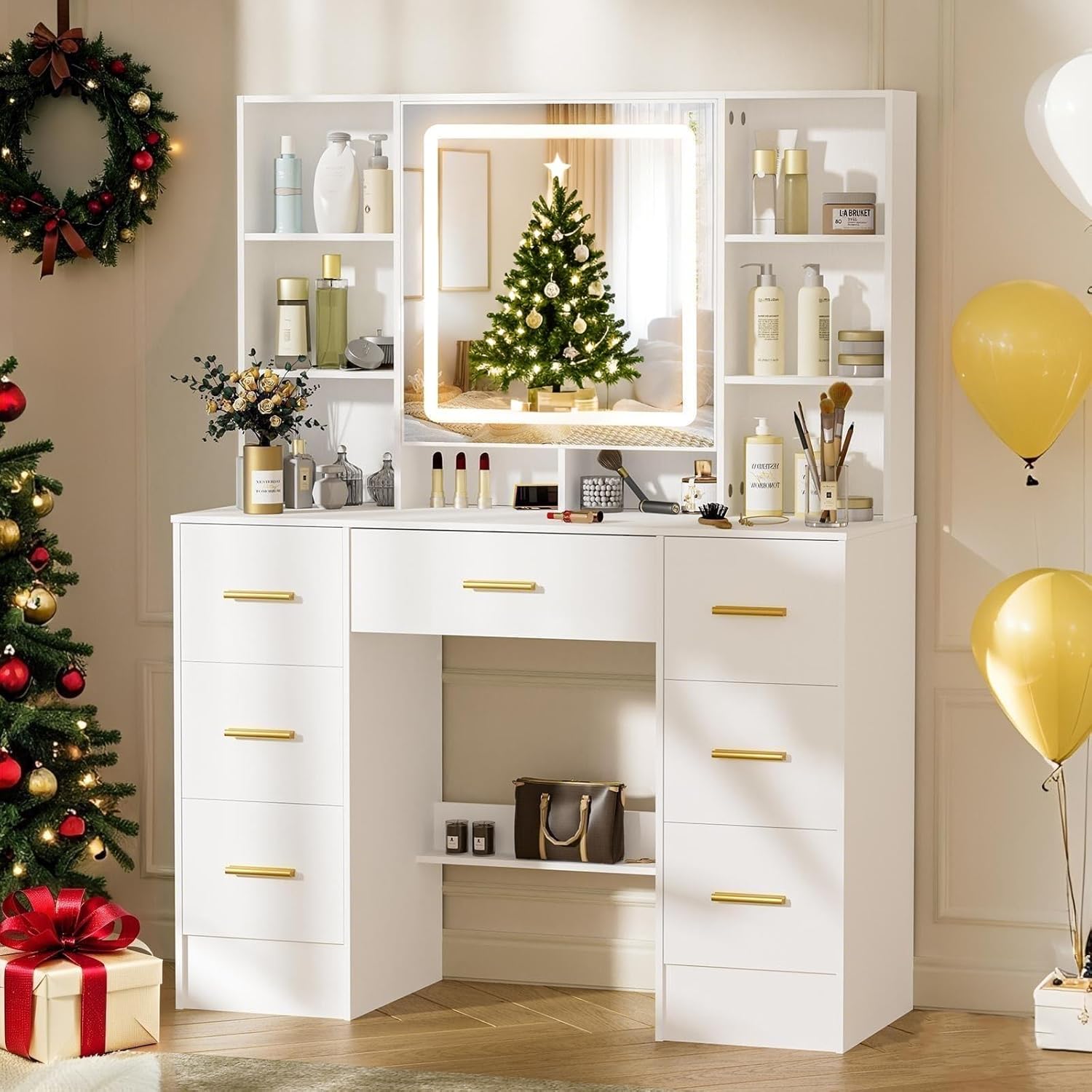 Makeup Vanity Desk with Mirror and Lights, Makeup Vanity Table, White Makeup Desk with 7 Drawers and Shelves, 3 Color Modes & Adjustable Brightness, Dressing Table for Bedroom, Girls, Women