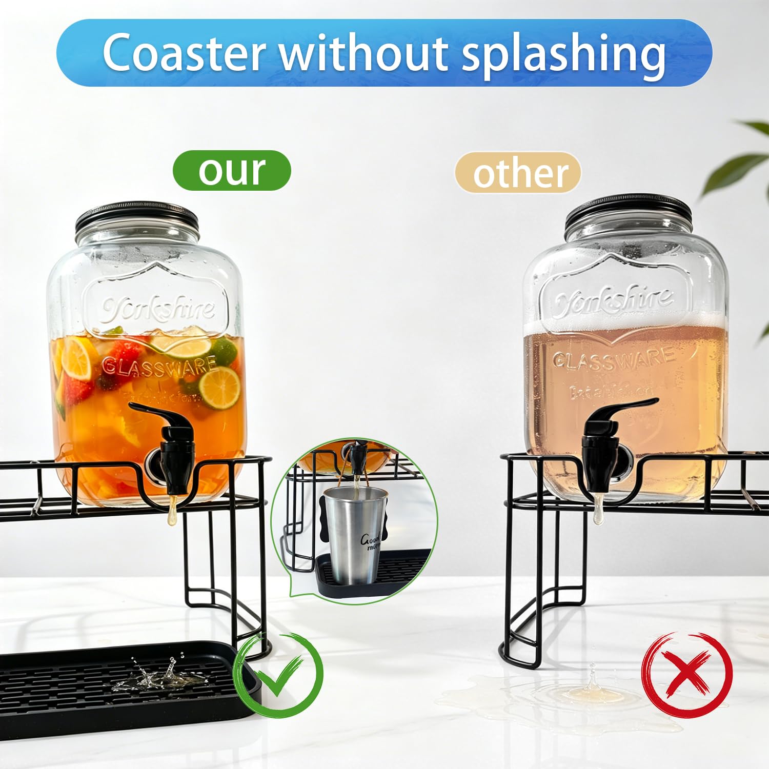 Getränkespender aus Glas mit Ständer + Küchenmatte, großer Getränkespender für Partys, Limonadenspender für Sonnentee, hausgemachter Saft, 2 Stück