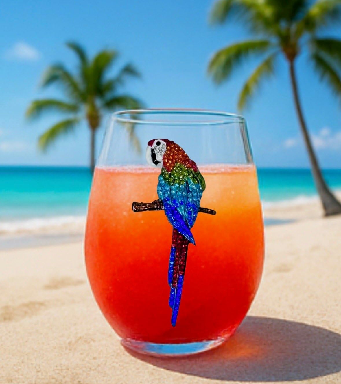 THE QUEENS' JEWELS Parrot Jeweled Stemless Wine Glass, 21 oz. - Unique Gift for Women, Birthday, Cute, Fun, Not Painted, Decorated, Bling, Bedazzled, Rhinestone