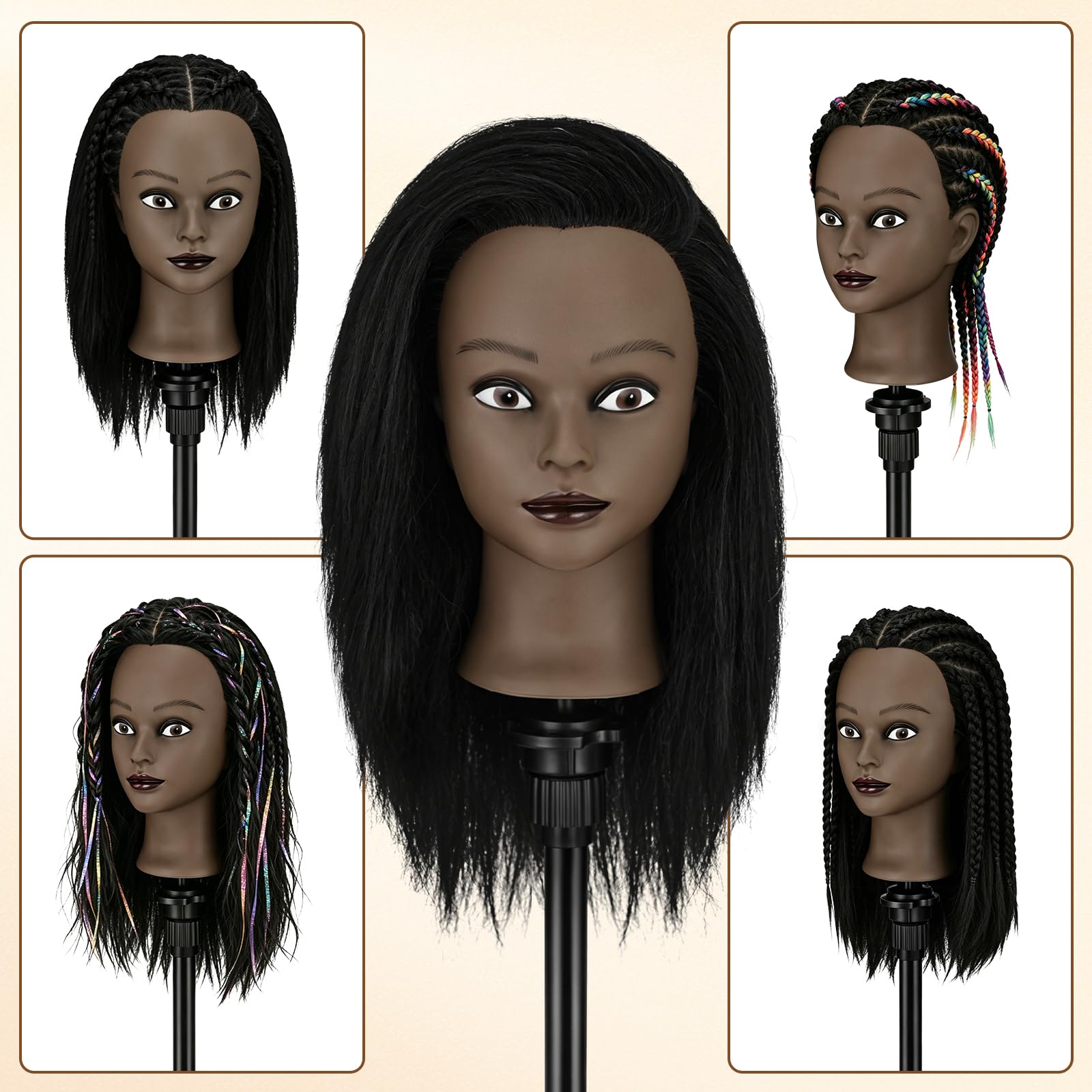 TwoWin 16 Zoll /40 cm Afro Trainingsköpfe für Friseure, Frisierkopf mit 100% Echthaar, Übungskopf Afrikanischer Friseurkopf Puppenkopf mit Tischhalter + Haar Styling Braid Set (Schwarz)