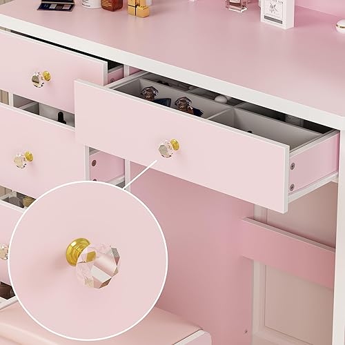 Miniatura 4 de AIEGLE Juego de tocador de maquillaje iluminado, espejo LED de 3 colores, cajones y taburete acolchado, espejo redondo rosa