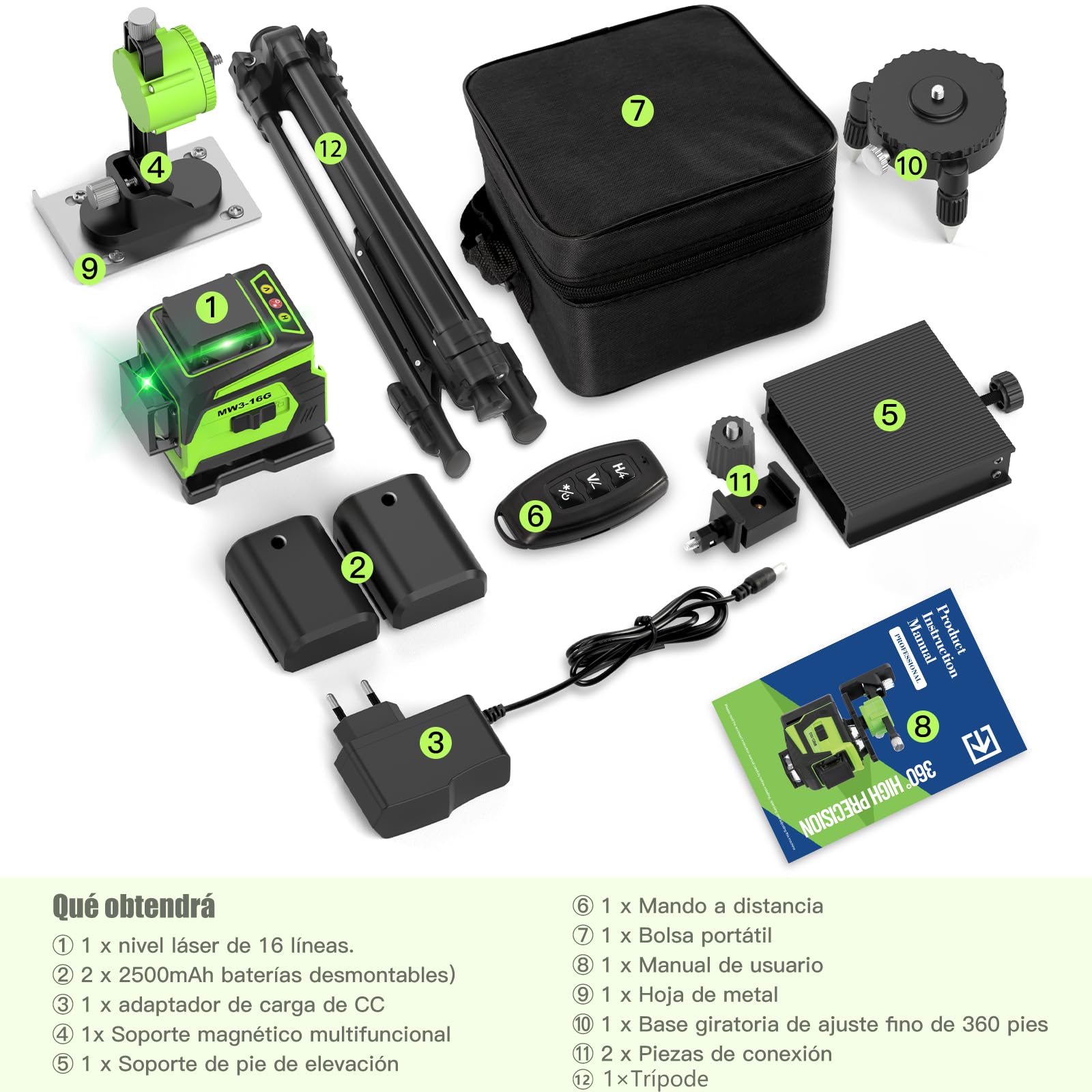 Nivel Laser Autonivelante 360 Grados con Trípode, Nivel Láser Verde 16 Líneas, 2 x 360 Horizontal y 2 x 360 Verticales, 2 x Batería, Montaje en Pared, Control Remoto, Base Magnética, Soporte Giratorio